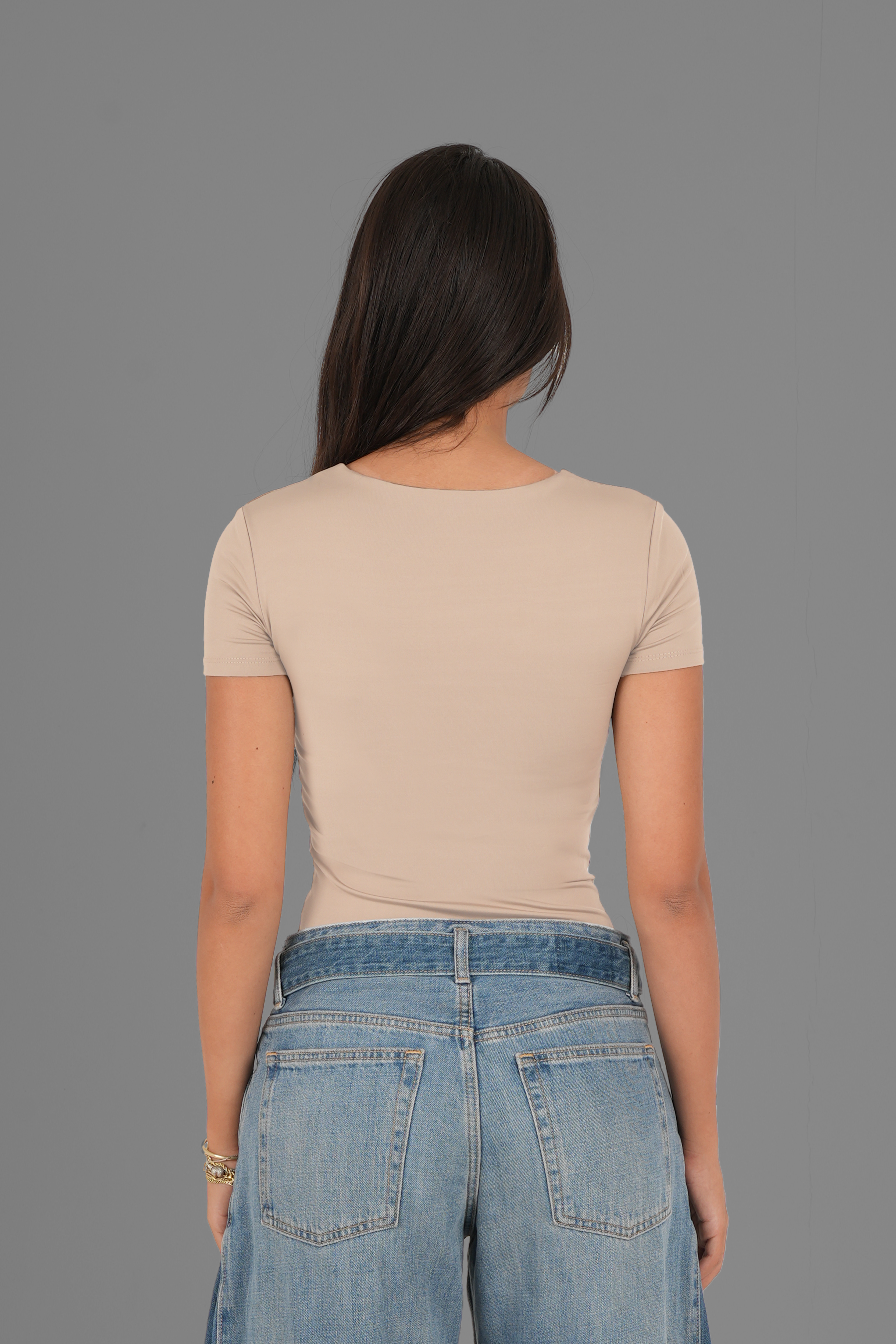 Square-Neck Short Sleeve Top - Beige