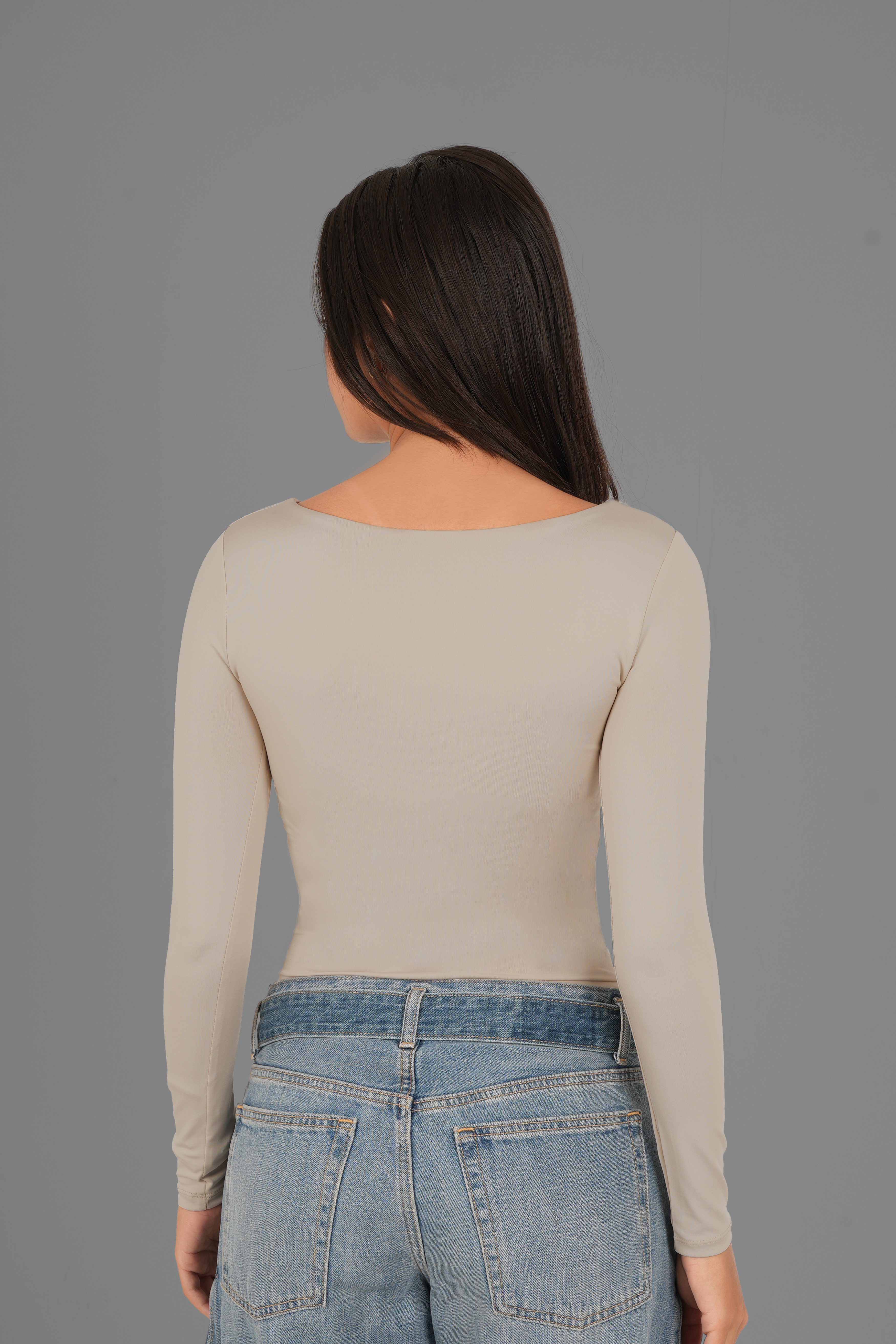 Wide Round-Neck Long Sleeve Top - Beige