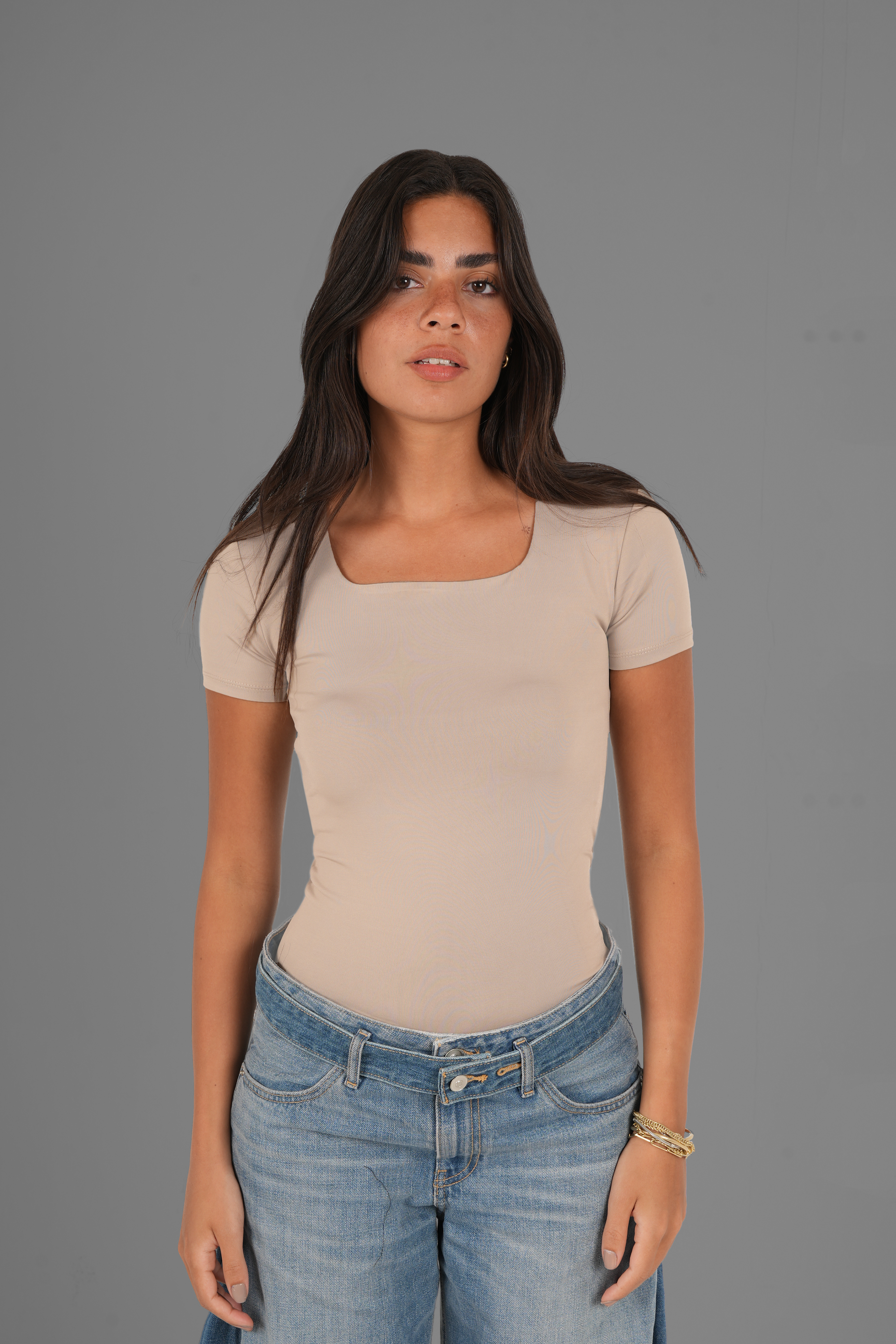 Square-Neck Short Sleeve Top - Beige