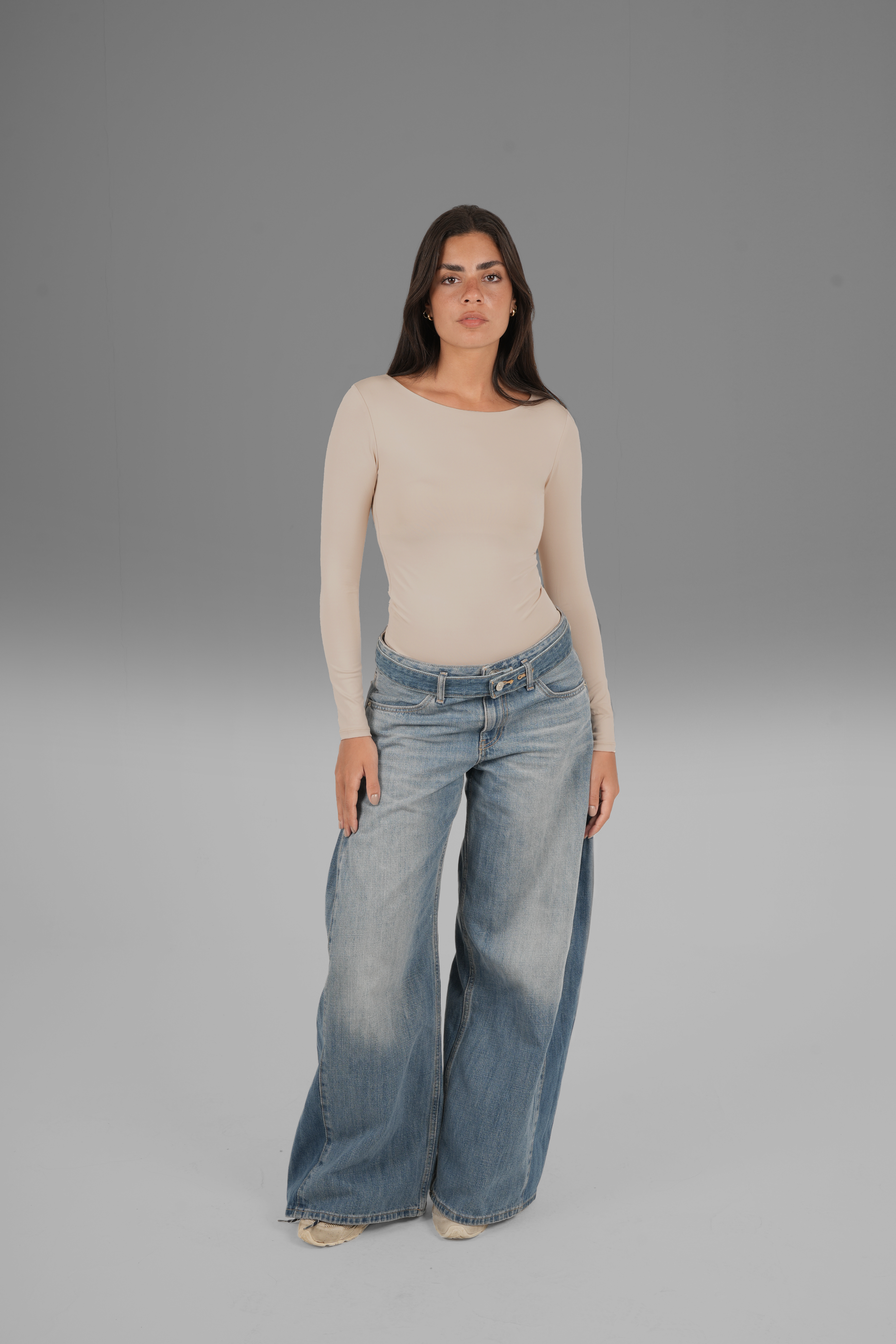 Wide Round-Neck Long Sleeve Top - Beige