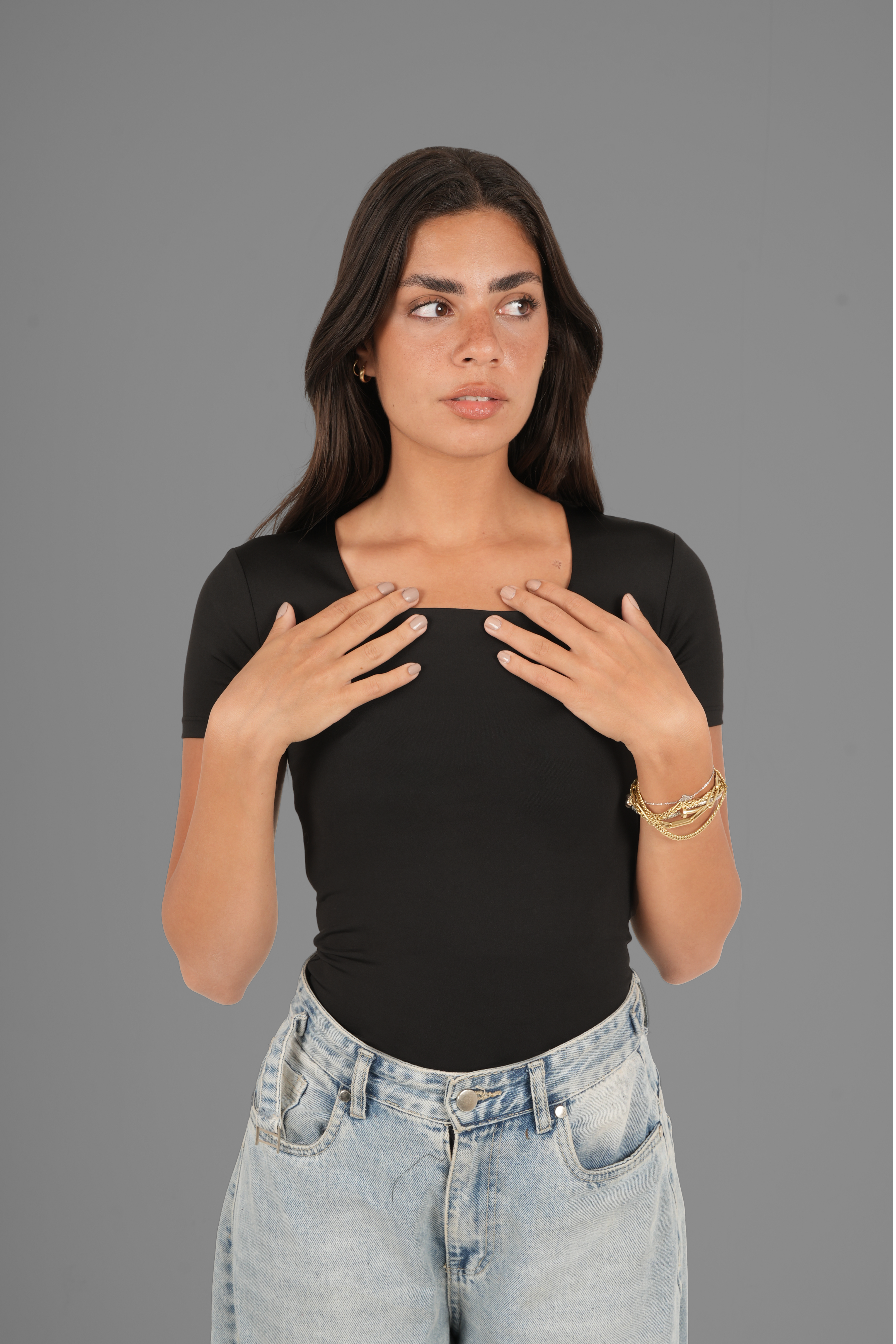 Square-Neck Short Sleeve Top - Black