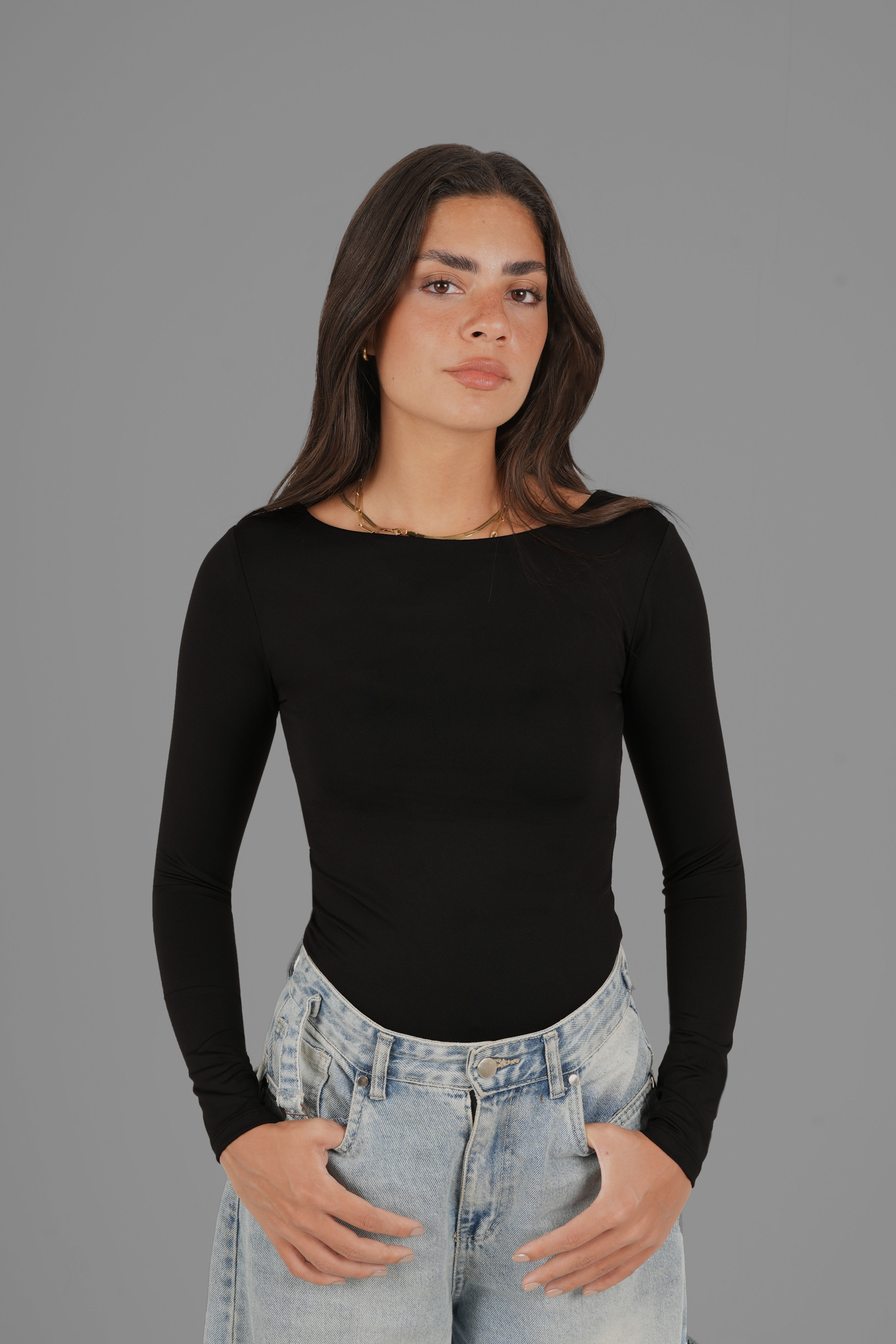 Wide Round-Neck Long Sleeve Top - Black