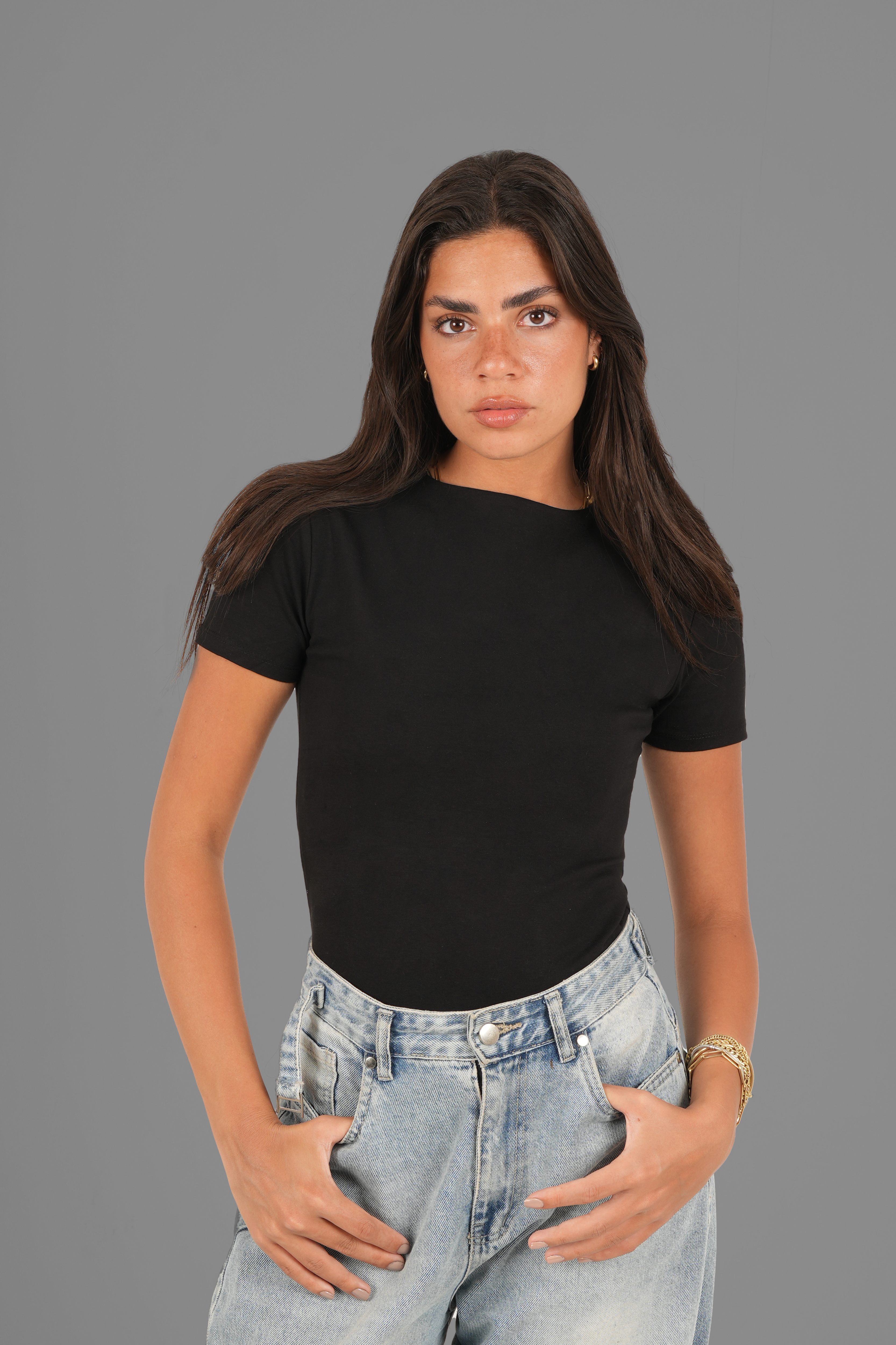 Cotton High Round Neck Short Sleeve Top - Black