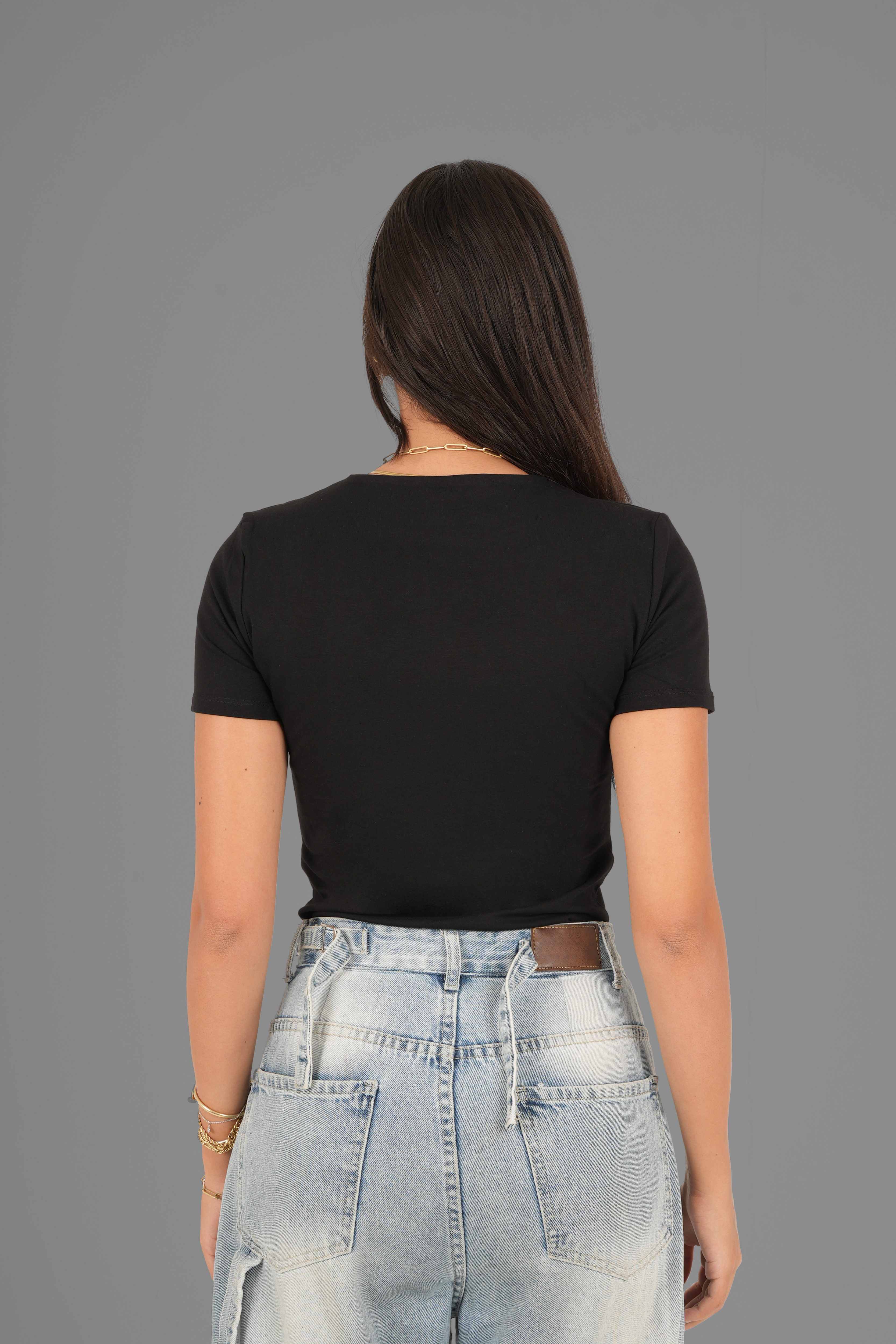 Cotton High Round Neck Short Sleeve Top - Black