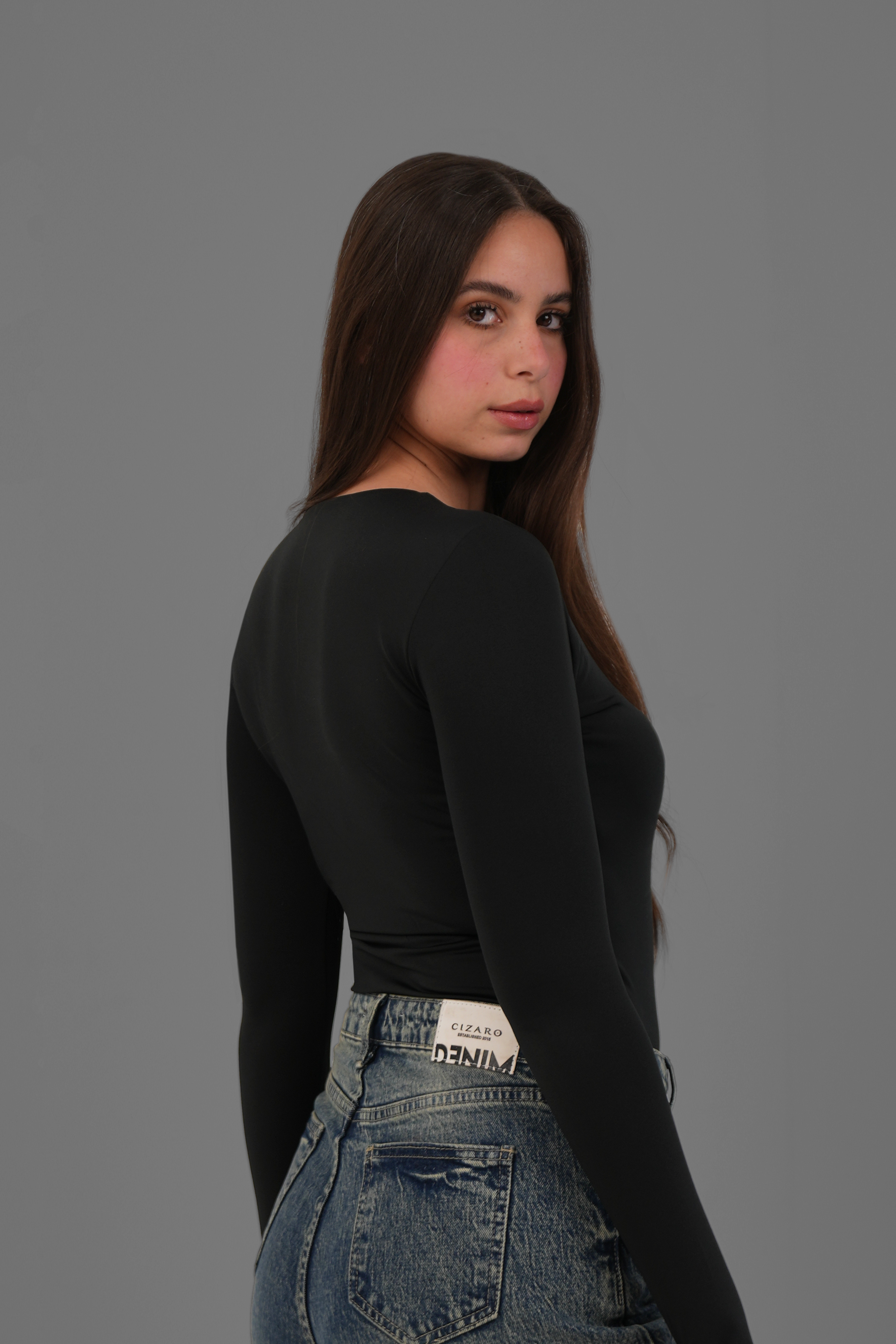 Women’s Black Crewneck Long Sleeve Top with Thumbhole – Lightweight Soft Stretch Basic, Made in Egypt