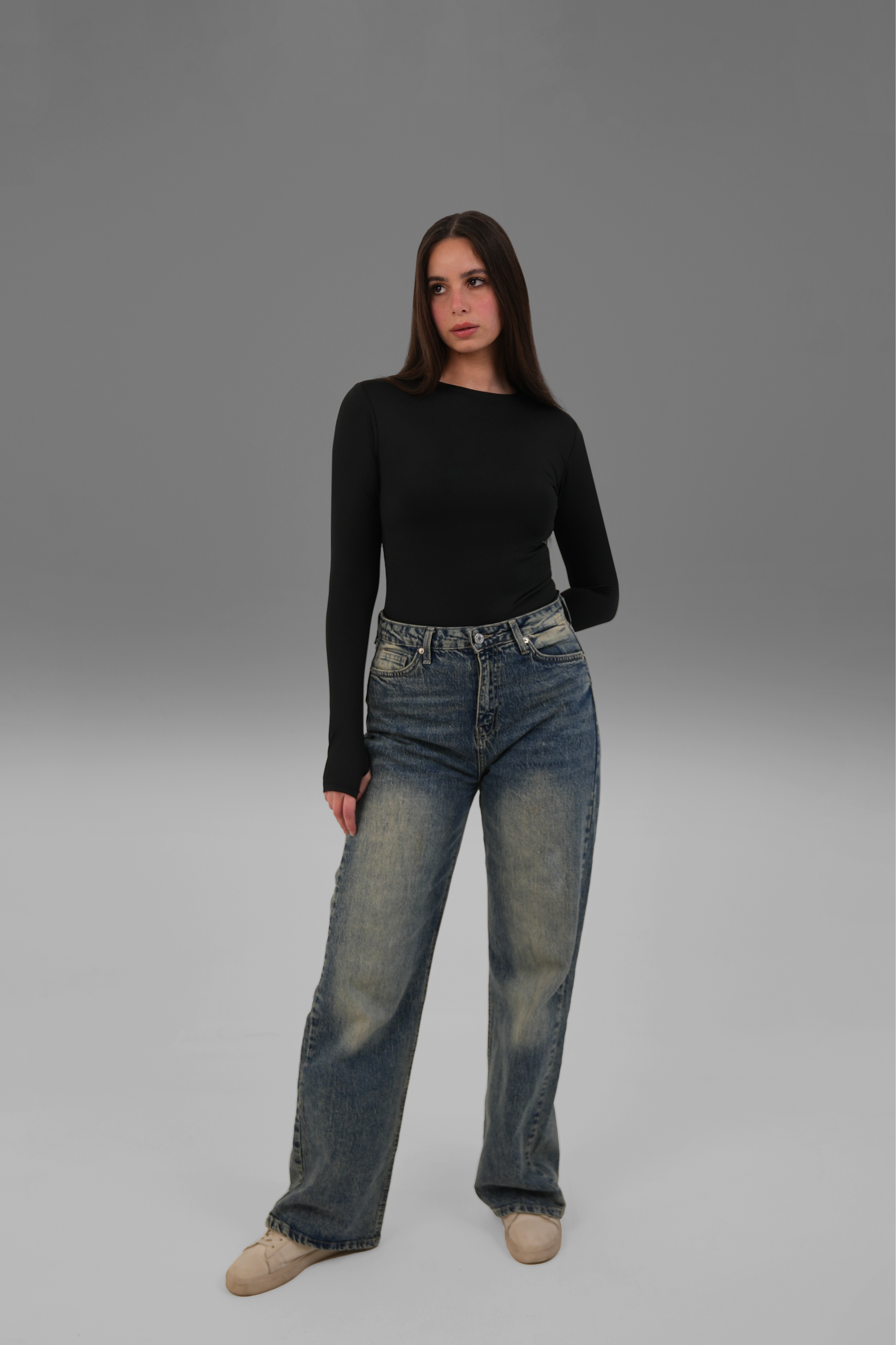 Women’s Black Crewneck Long Sleeve Top with Thumbhole – Lightweight Soft Stretch Basic, Made in Egypt