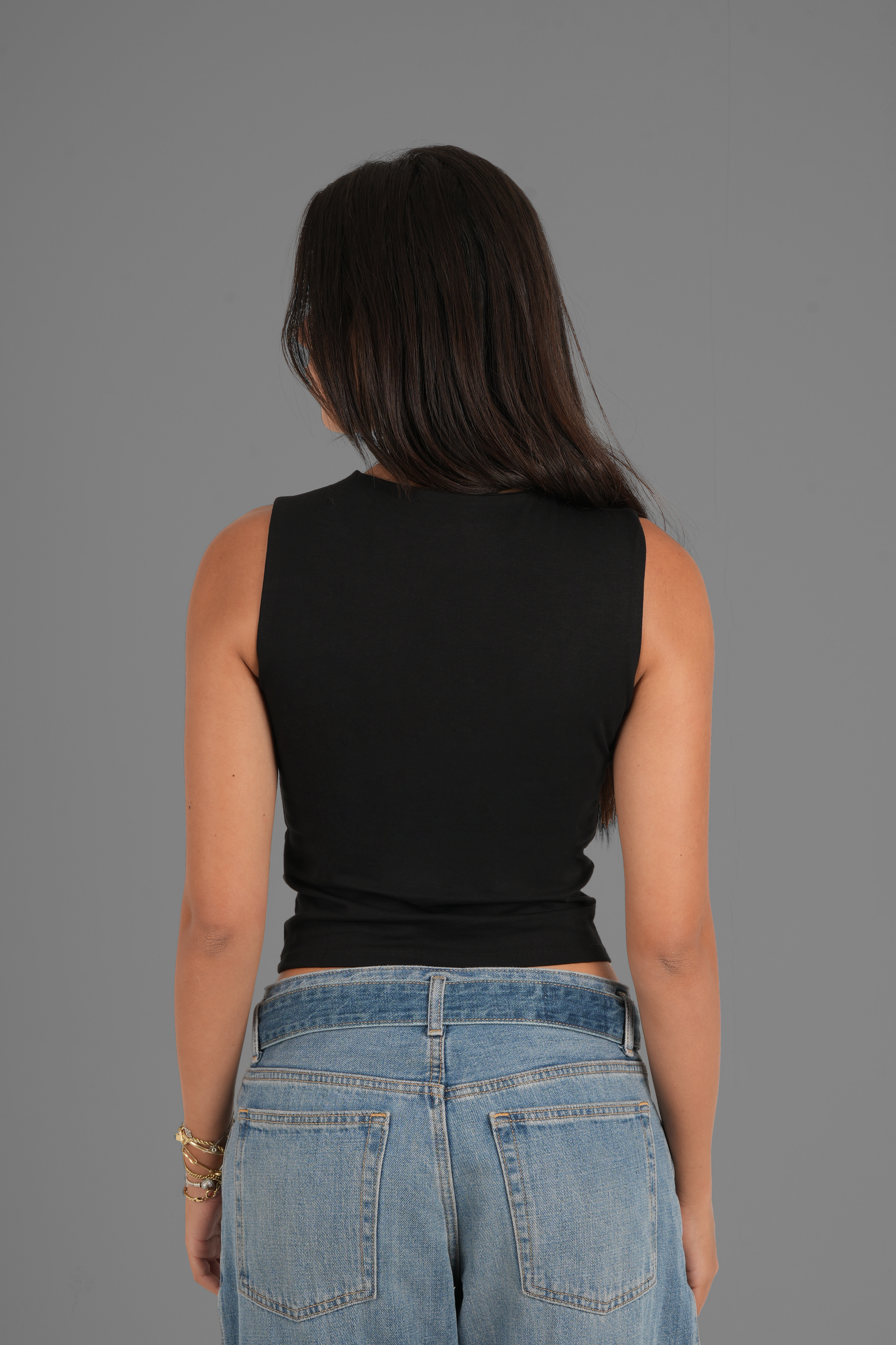 Cotton High Round Neck Tank Top - Black