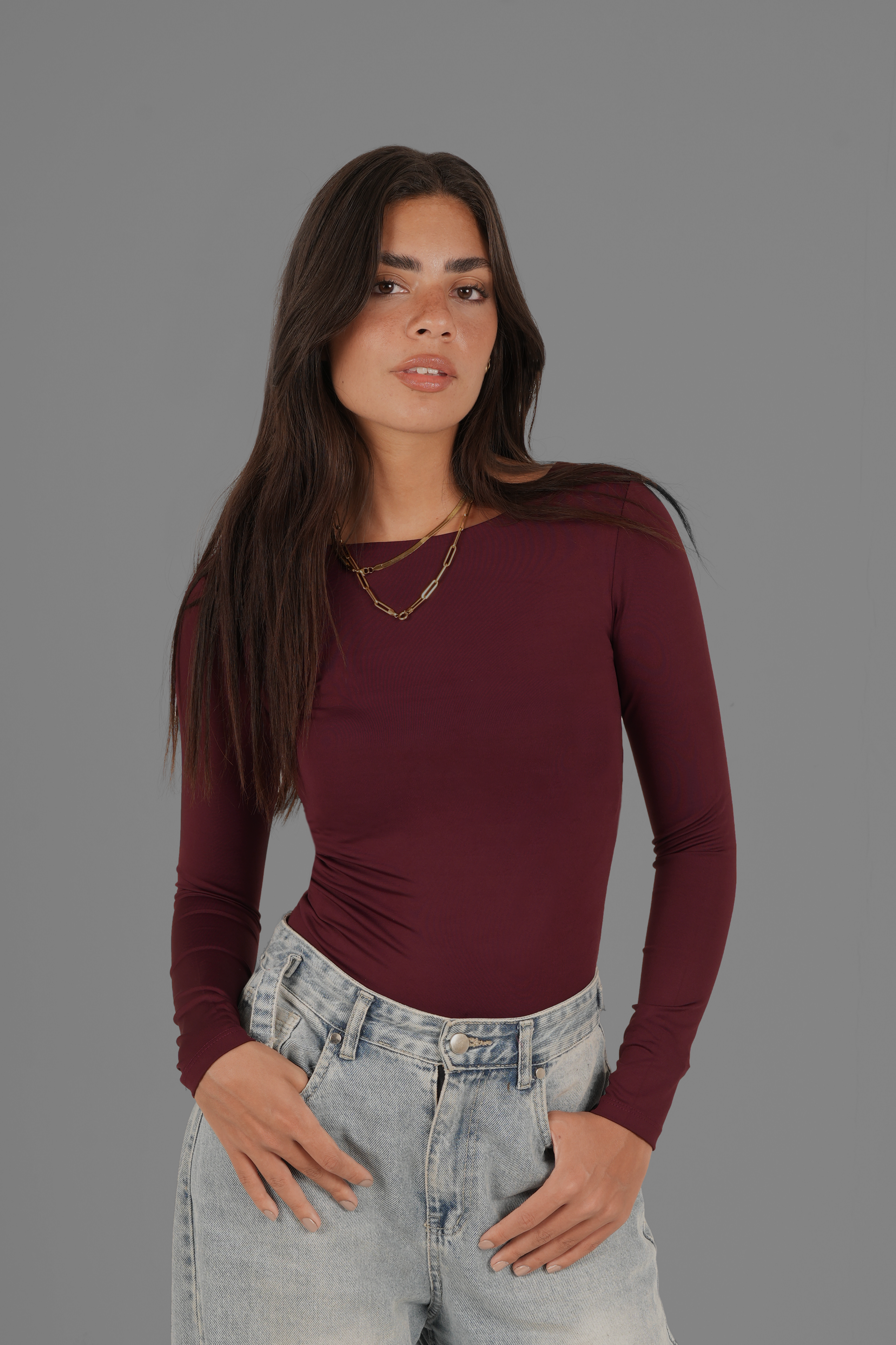 Wide Round-Neck Long Sleeve Top - Burgundy