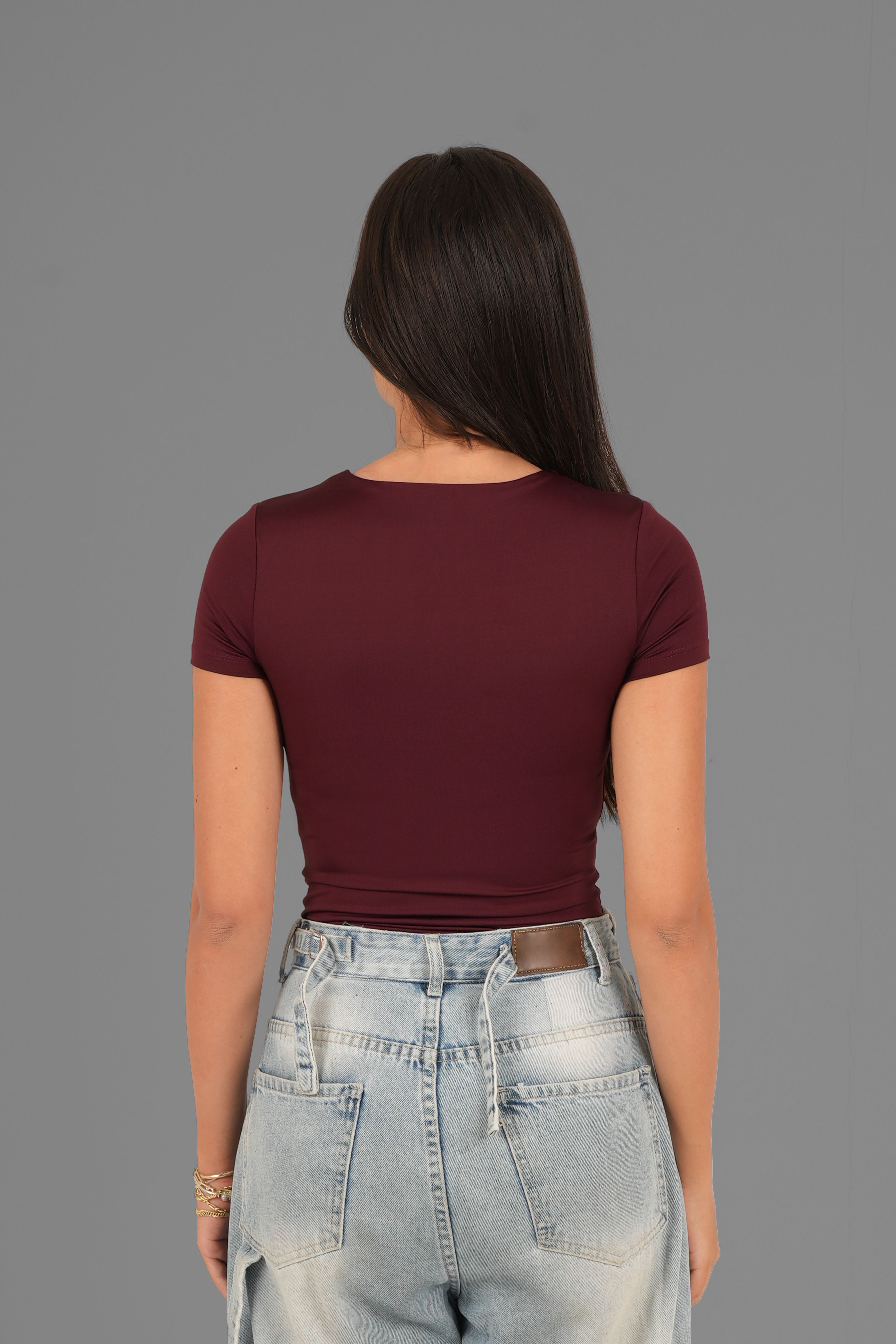 Square-Neck Short Sleeve Top - Burgundy