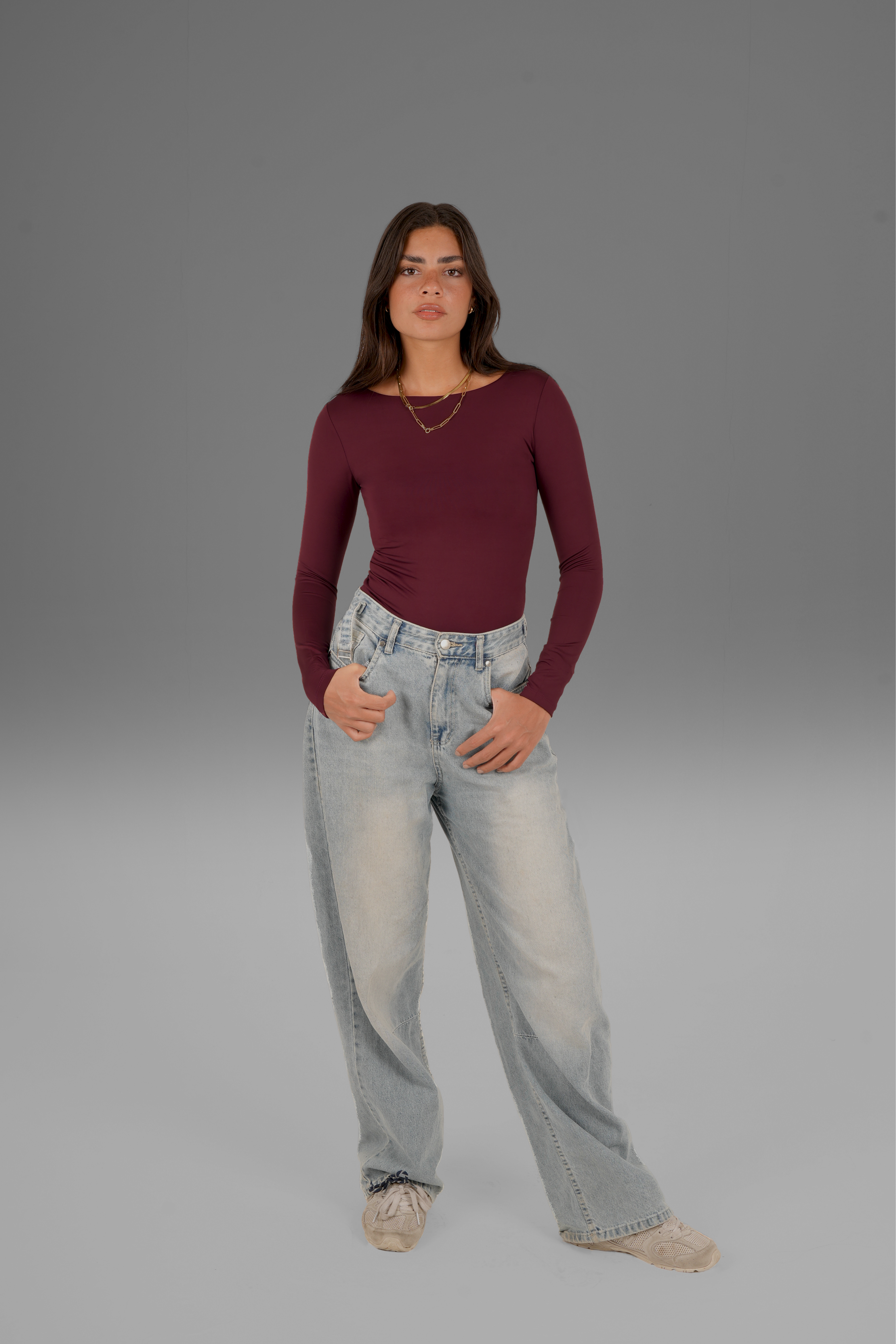 Wide Round-Neck Long Sleeve Top - Burgundy