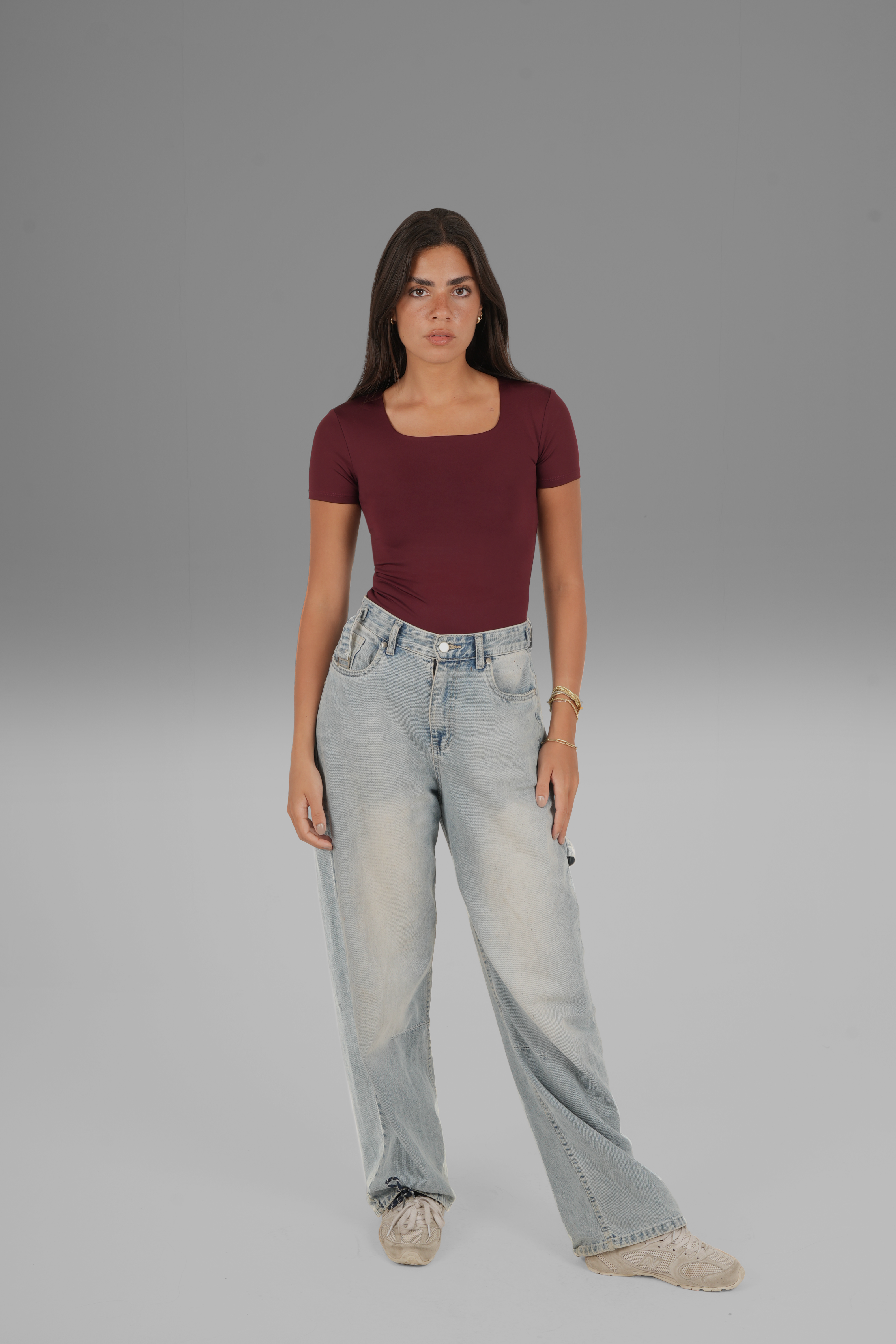 Square-Neck Short Sleeve Top - Burgundy