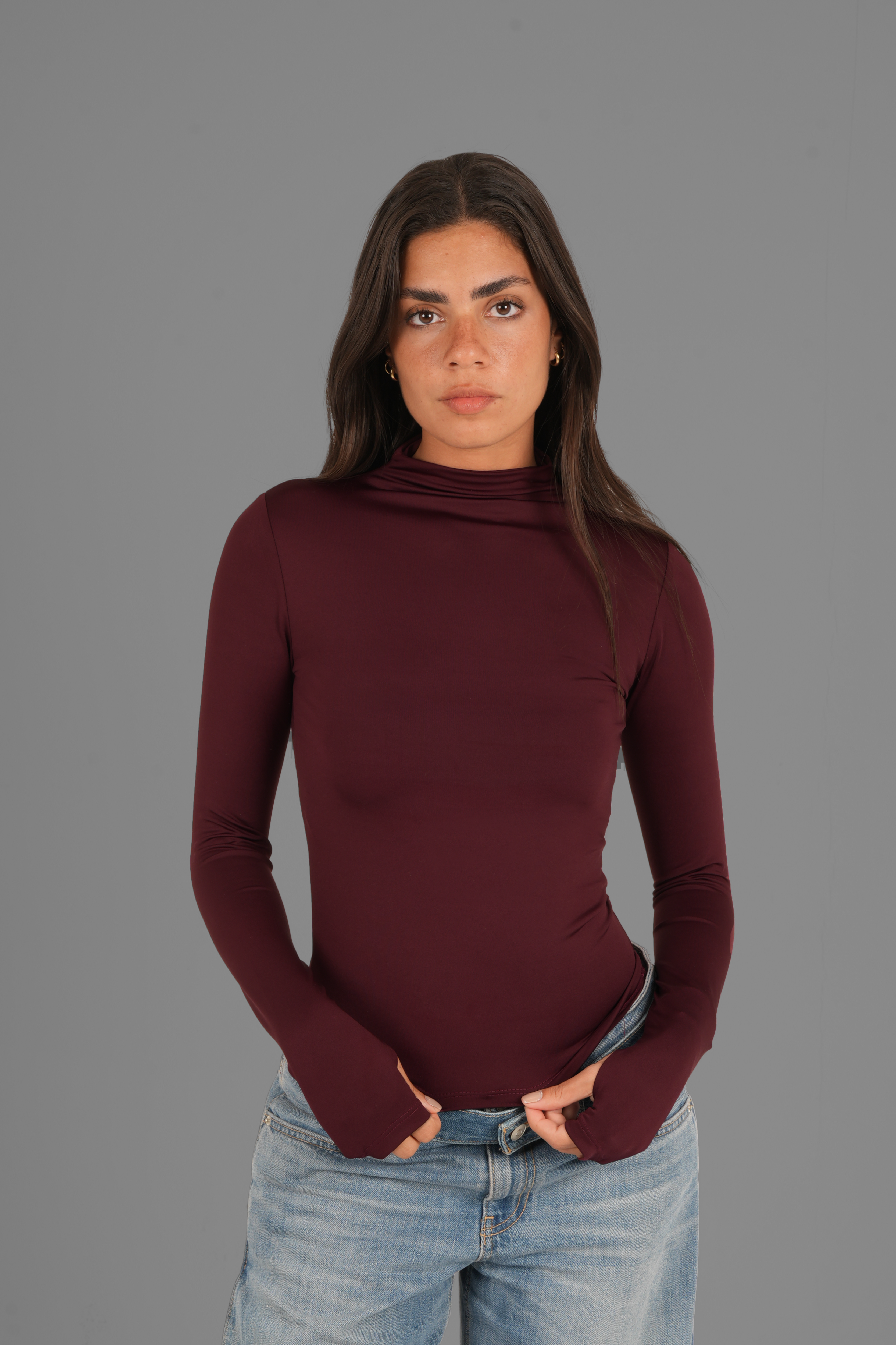 Turtleneck Long Sleeve Top with Thumbhole - Burgundy