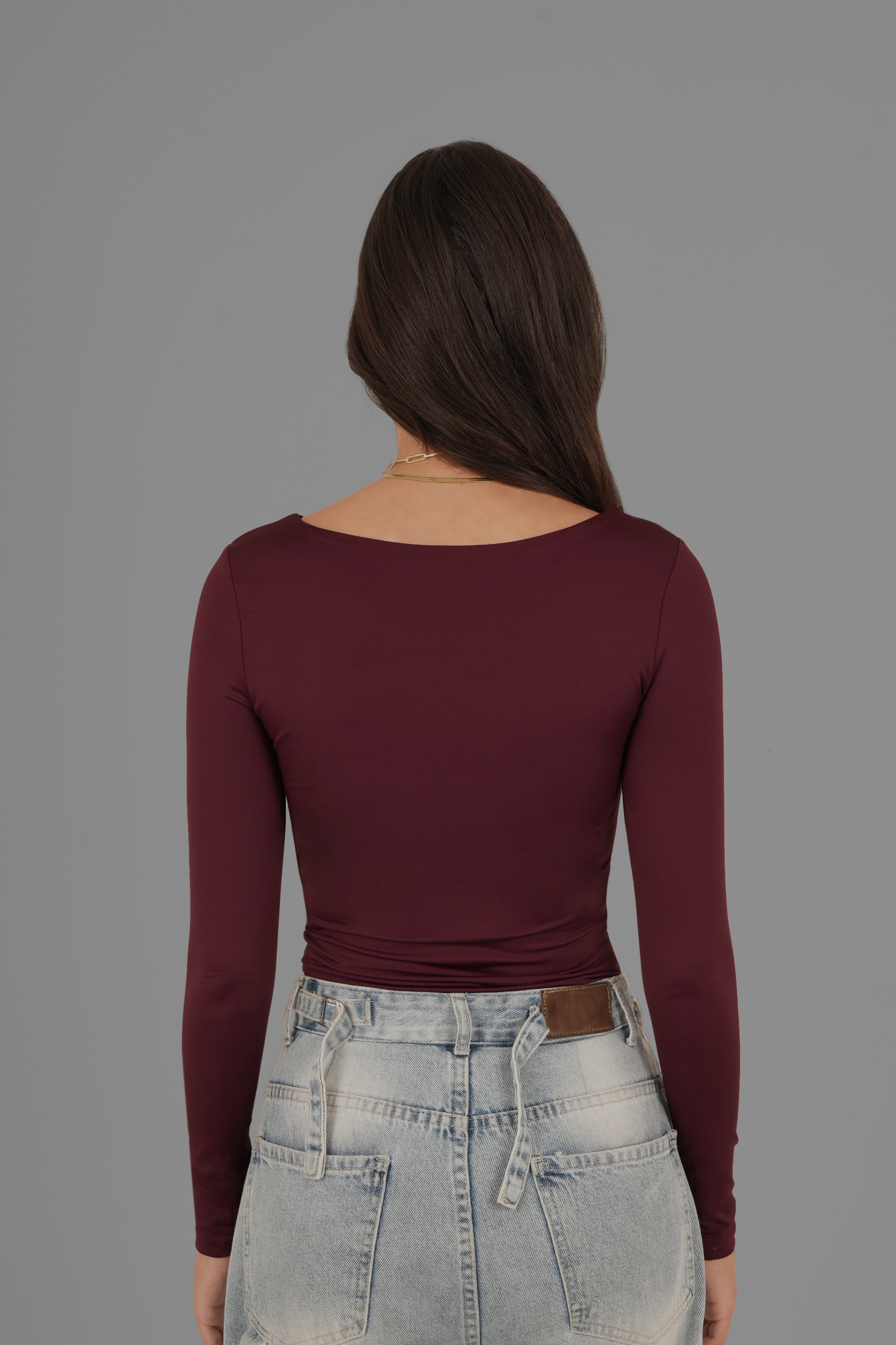 Wide Round-Neck Long Sleeve Top - Burgundy