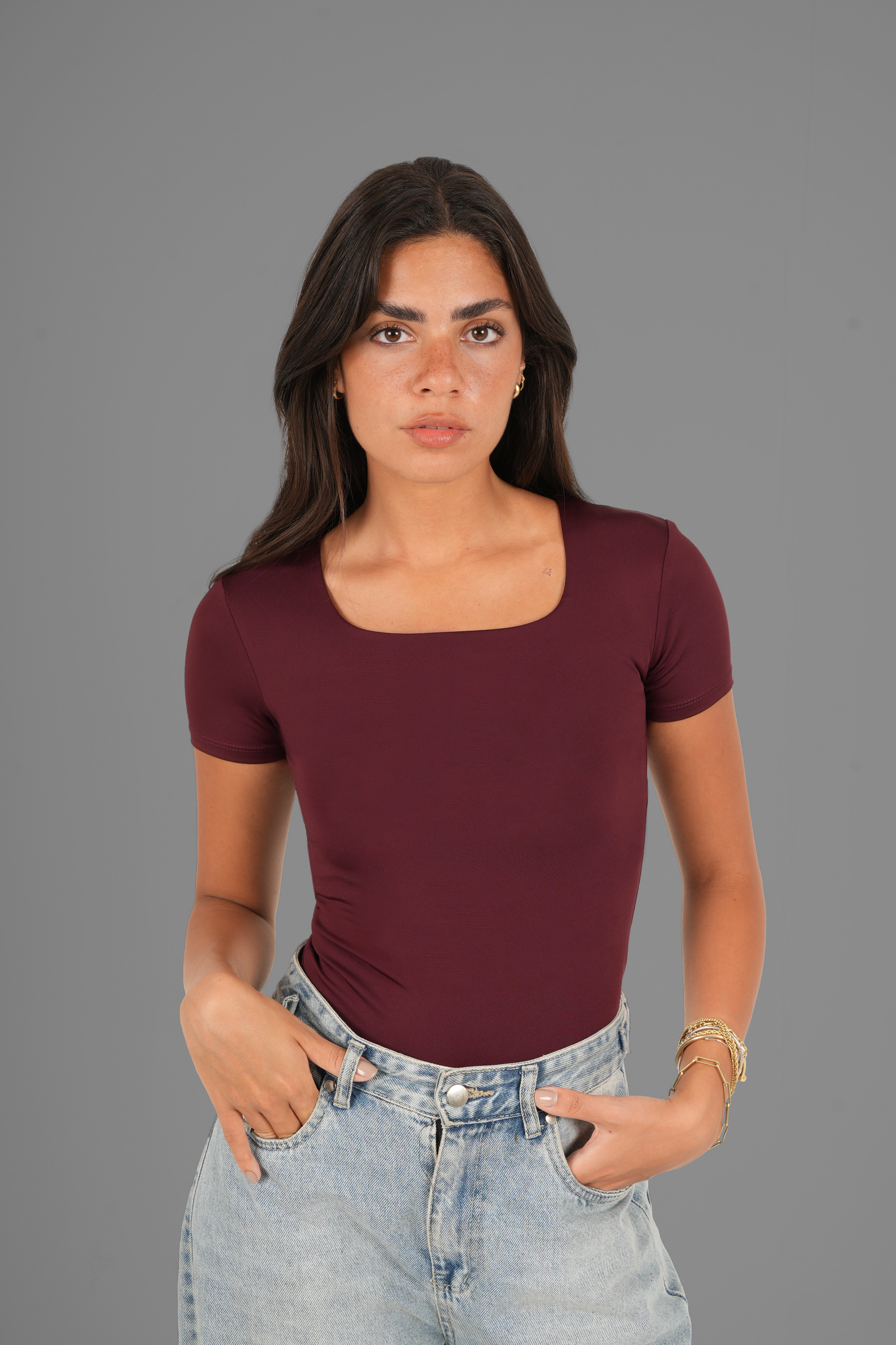 Square-Neck Short Sleeve Top - Burgundy