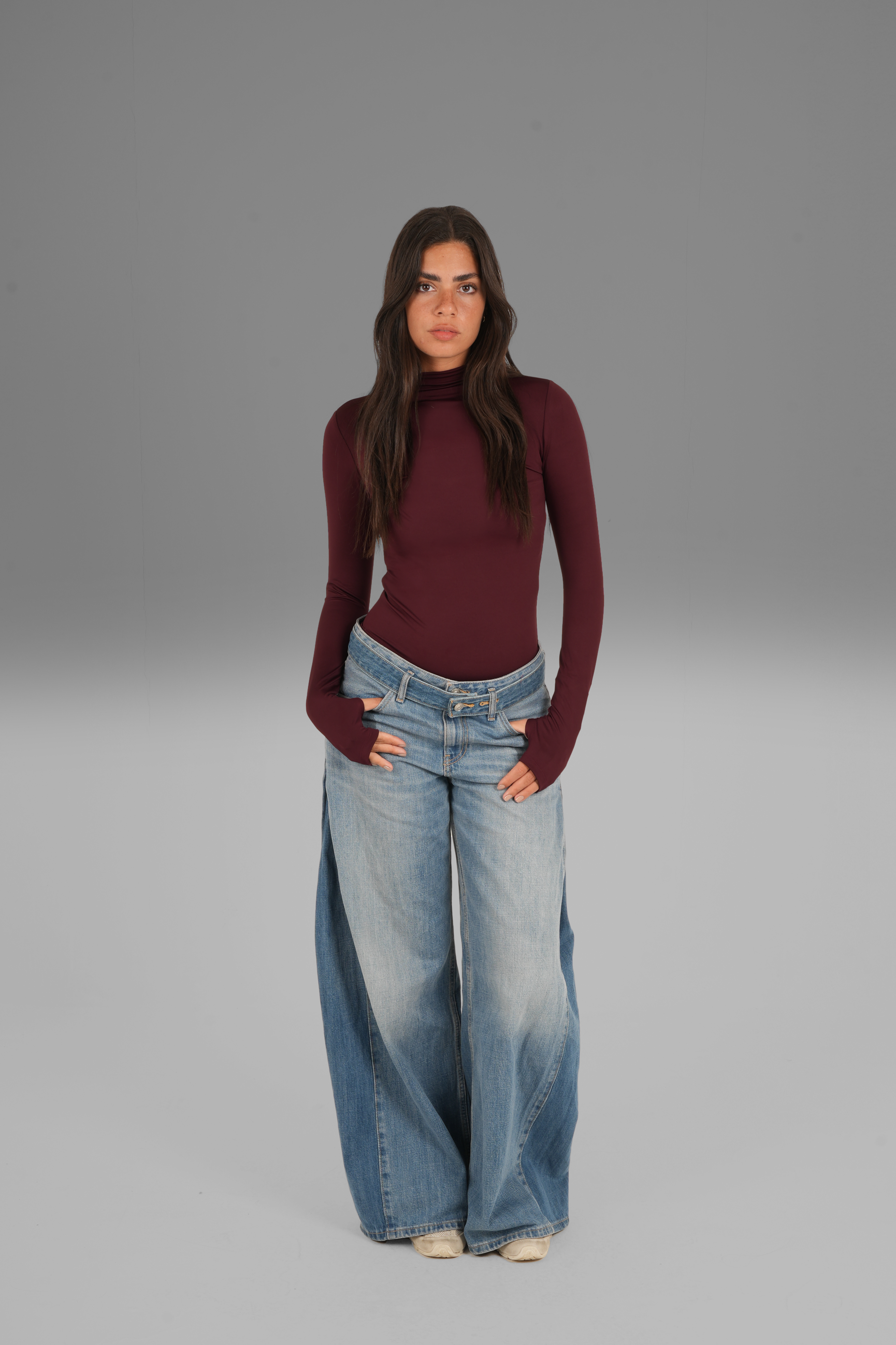 Turtleneck Long Sleeve Top with Thumbhole - Burgundy