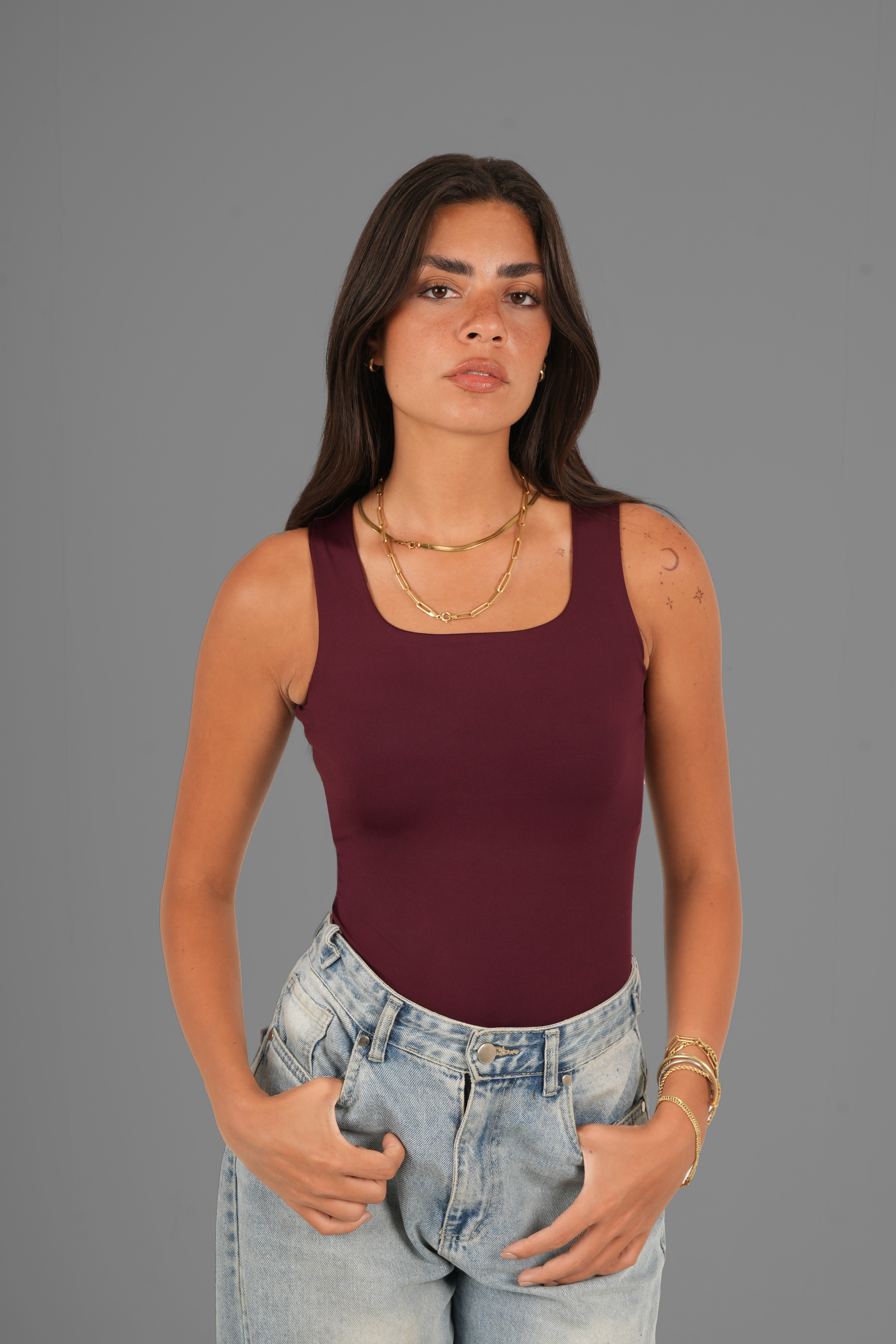 Square-Neck Tank Top - Burgundy