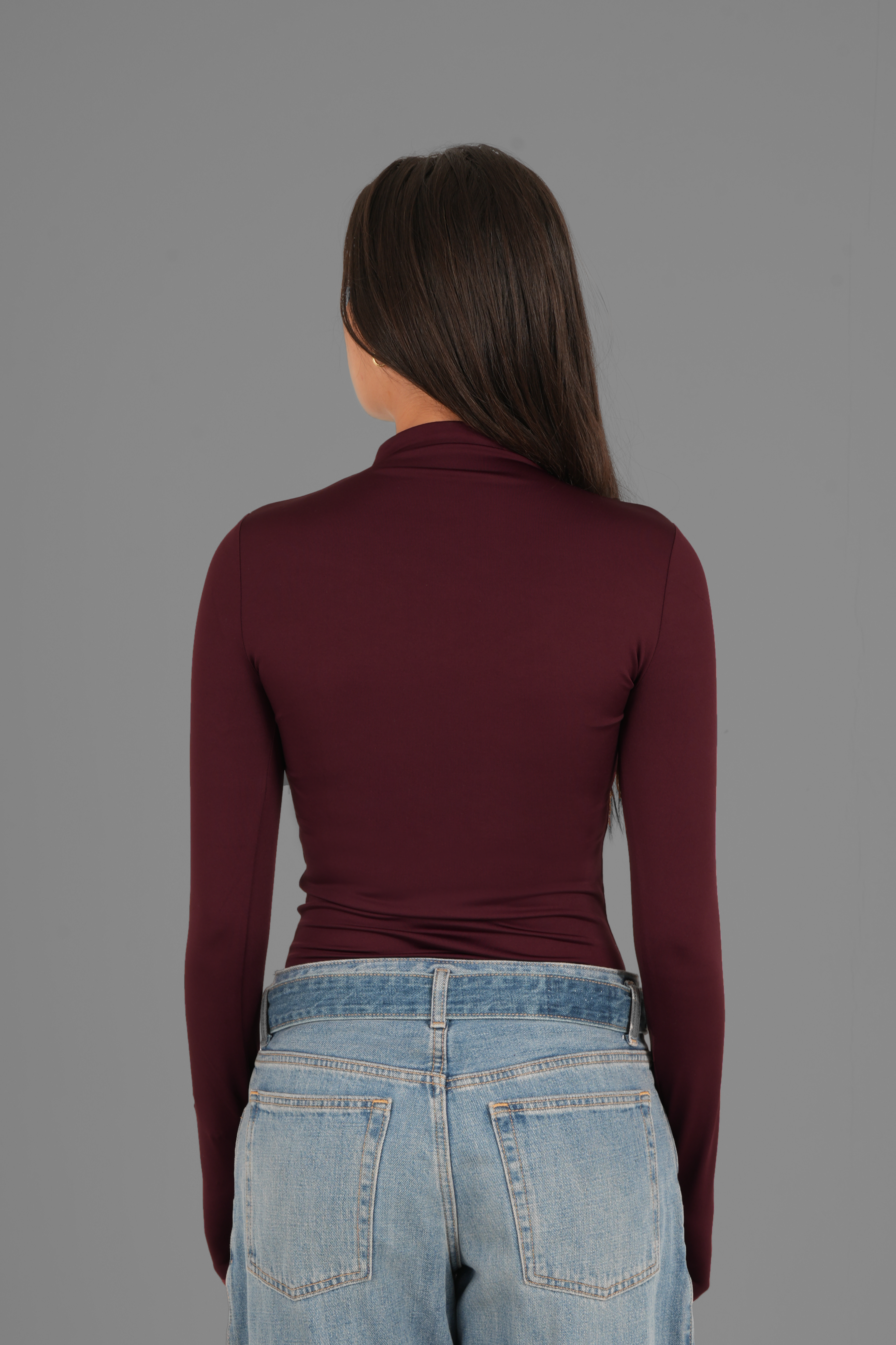 Turtleneck Long Sleeve Top with Thumbhole - Burgundy