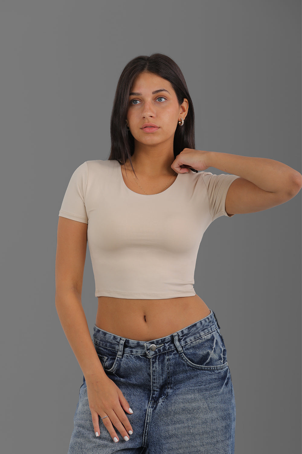 Women’s Beige Round-Neck Short Sleeve Crop Top – Lightweight Soft Stretch Basic, Made in Egypt