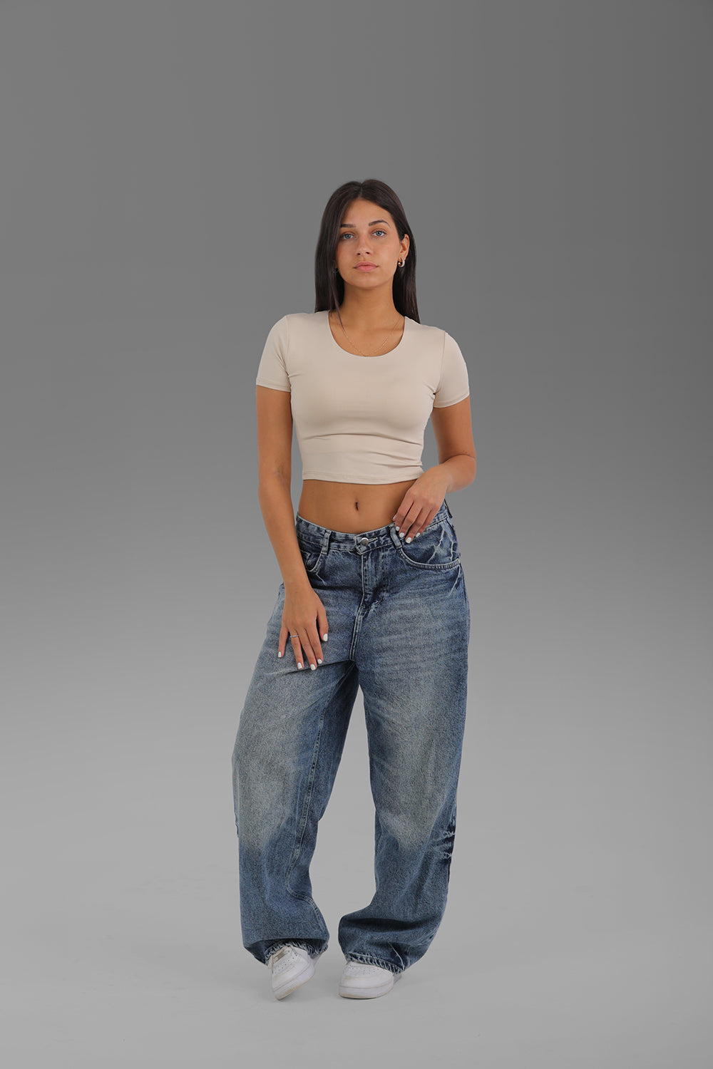 Women’s Beige Round-Neck Short Sleeve Crop Top – Lightweight Soft Stretch Basic, Made in Egypt