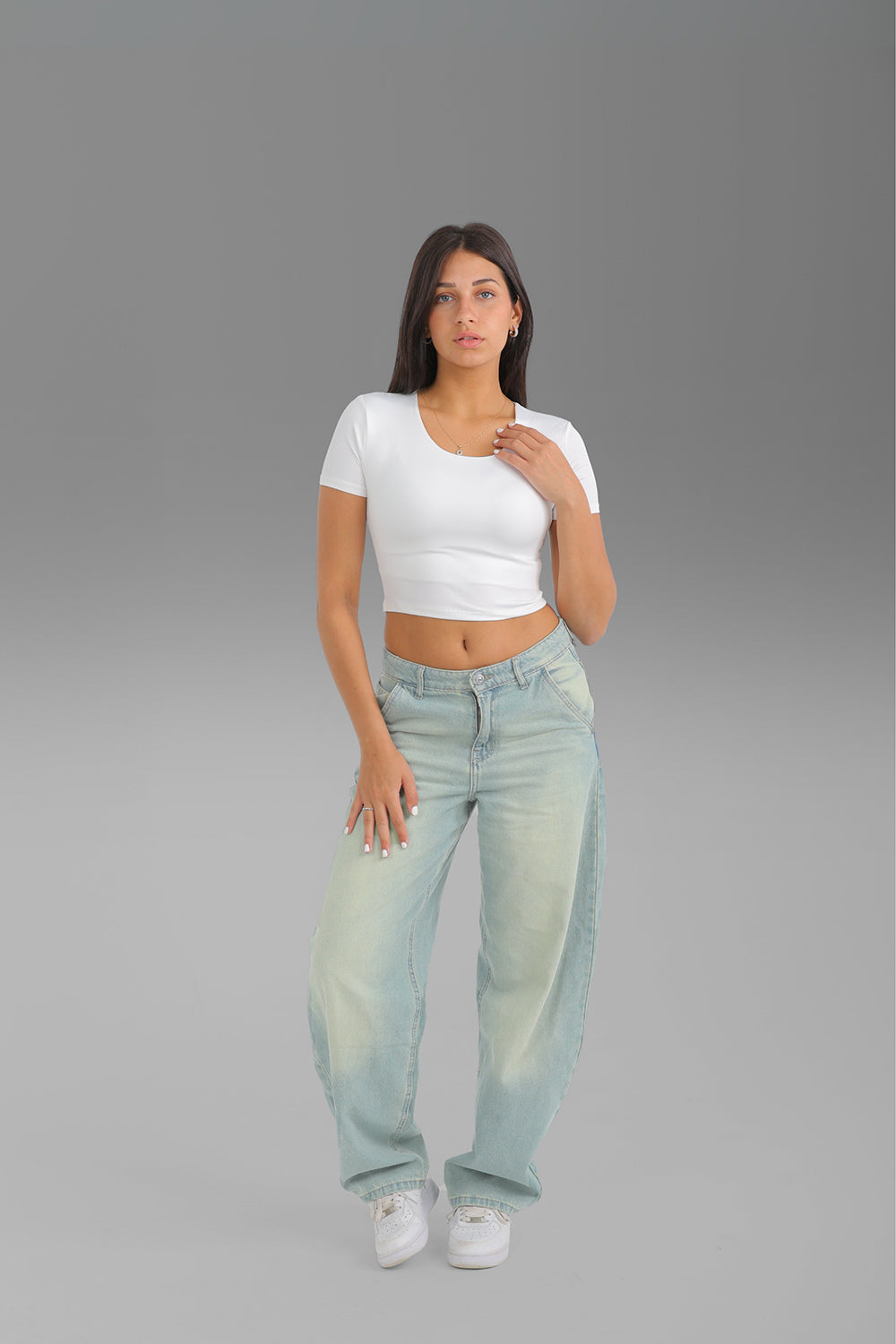 Women’s Off-White Round-Neck Short Sleeve Crop Top – Lightweight Soft Stretch Basic, Made in Egypt