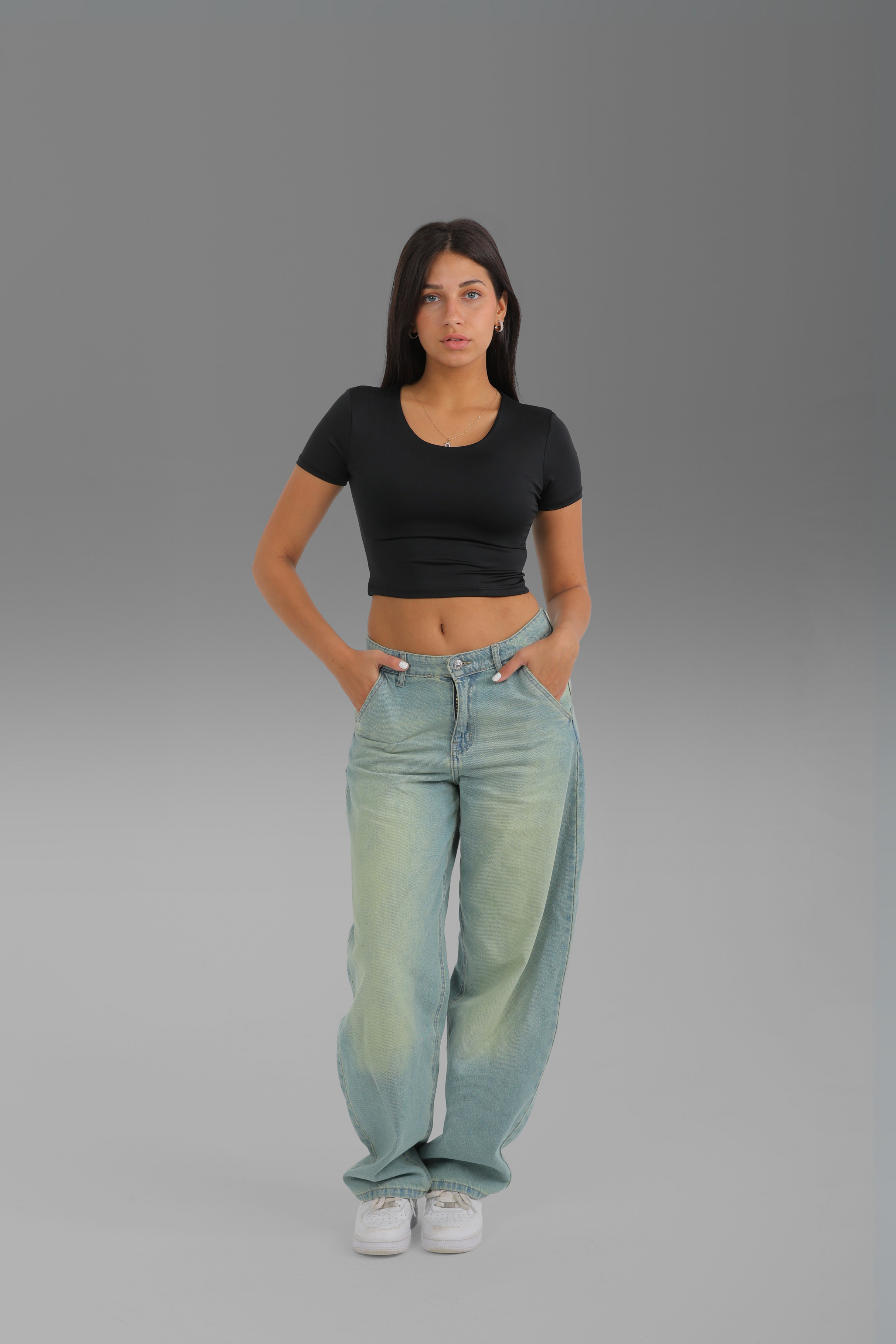 Women’s Black Round-Neck Short Sleeve Crop Top – Lightweight Soft Stretch Basic, Made in Egypt