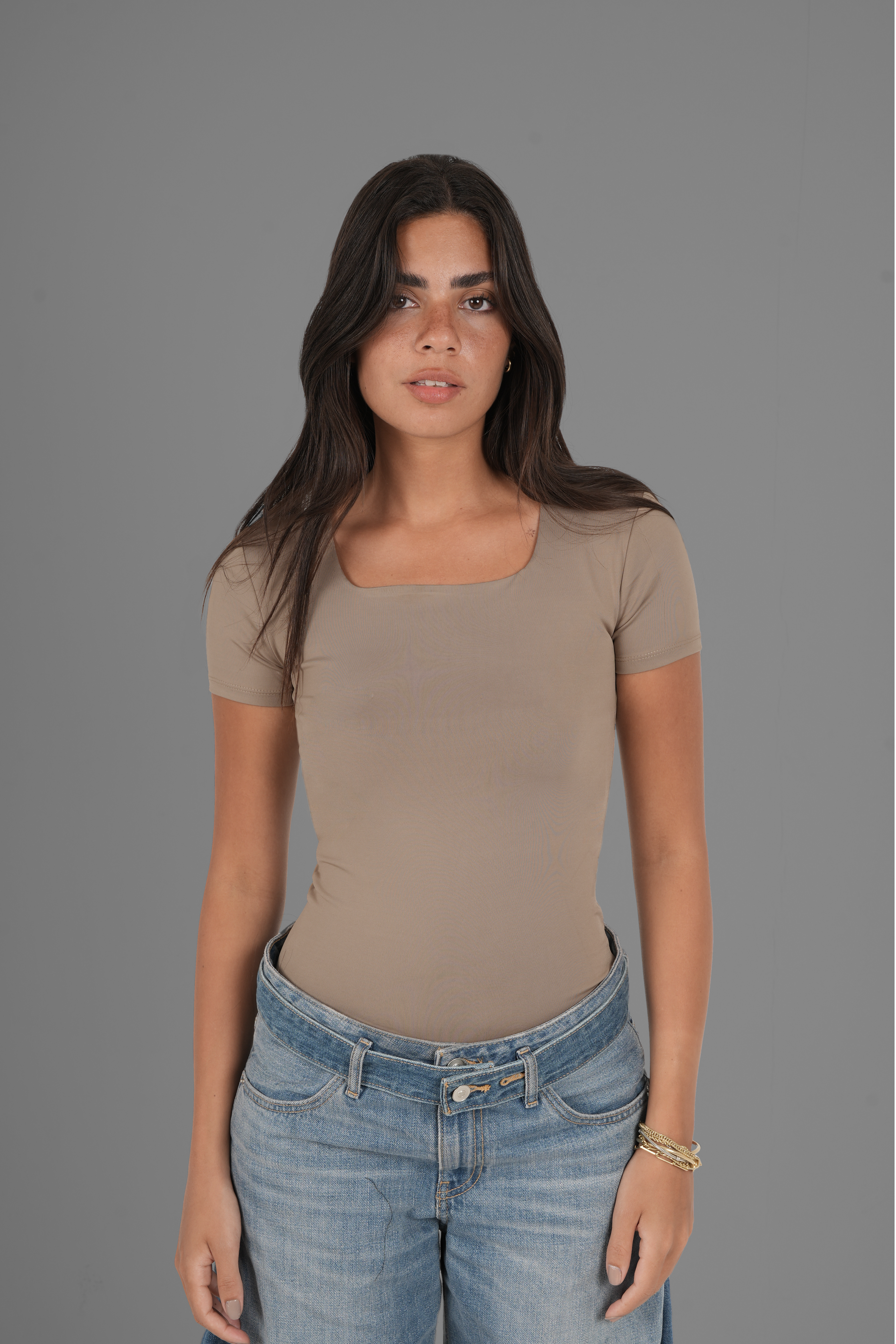 Square-Neck Short Sleeve Top - Cafe