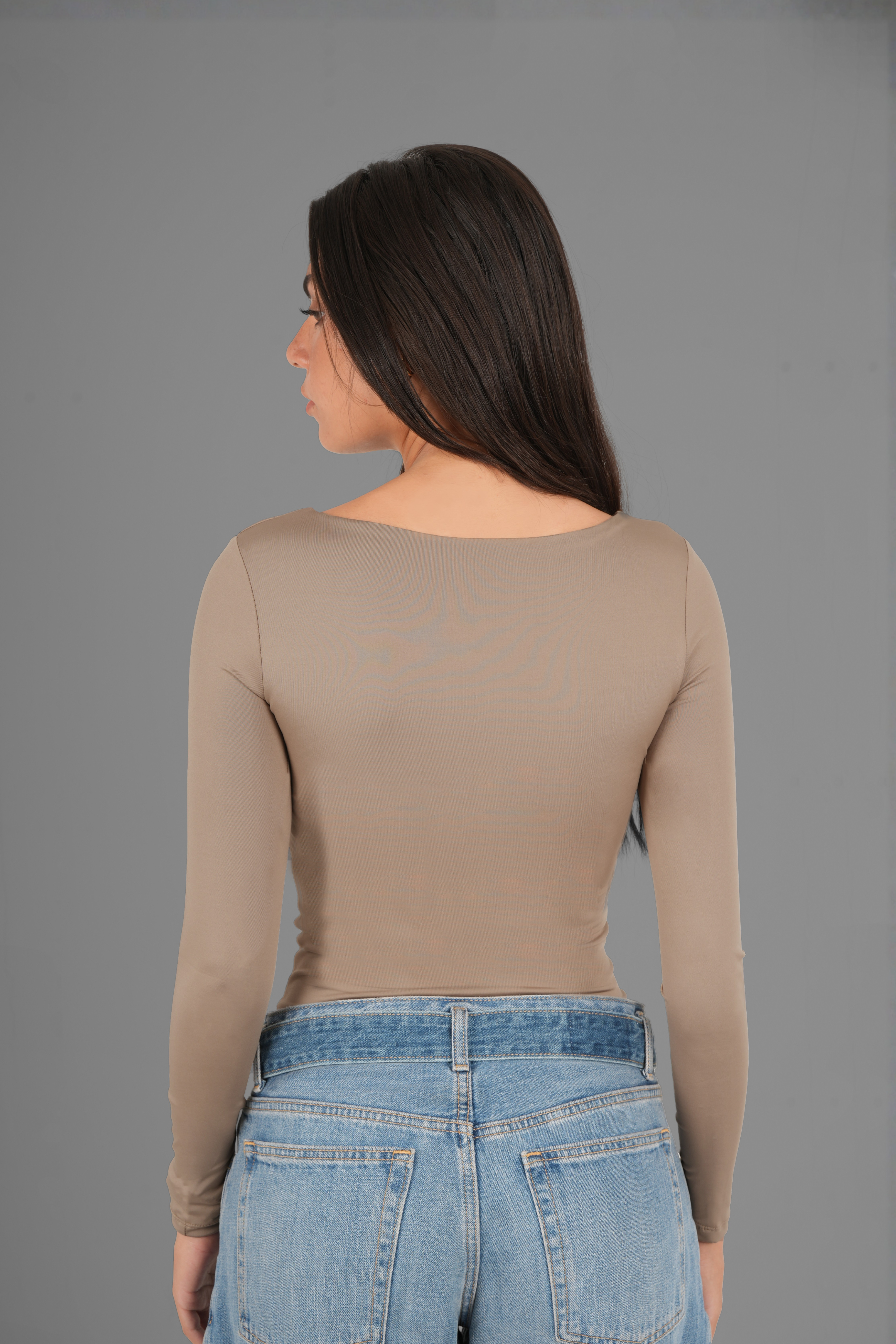 Wide Round-Neck Long Sleeve Top - Café