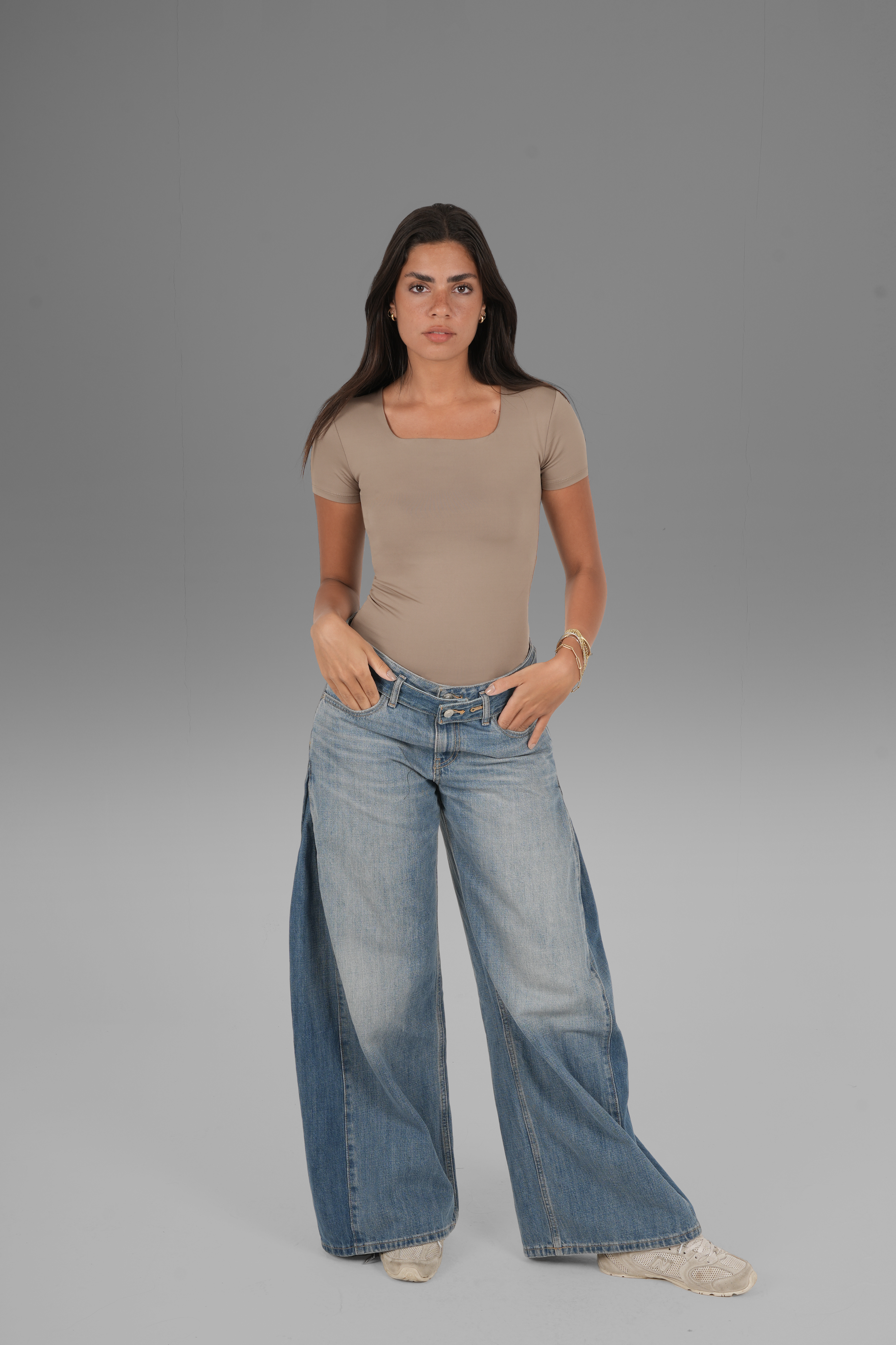 Square-Neck Short Sleeve Top - Cafe