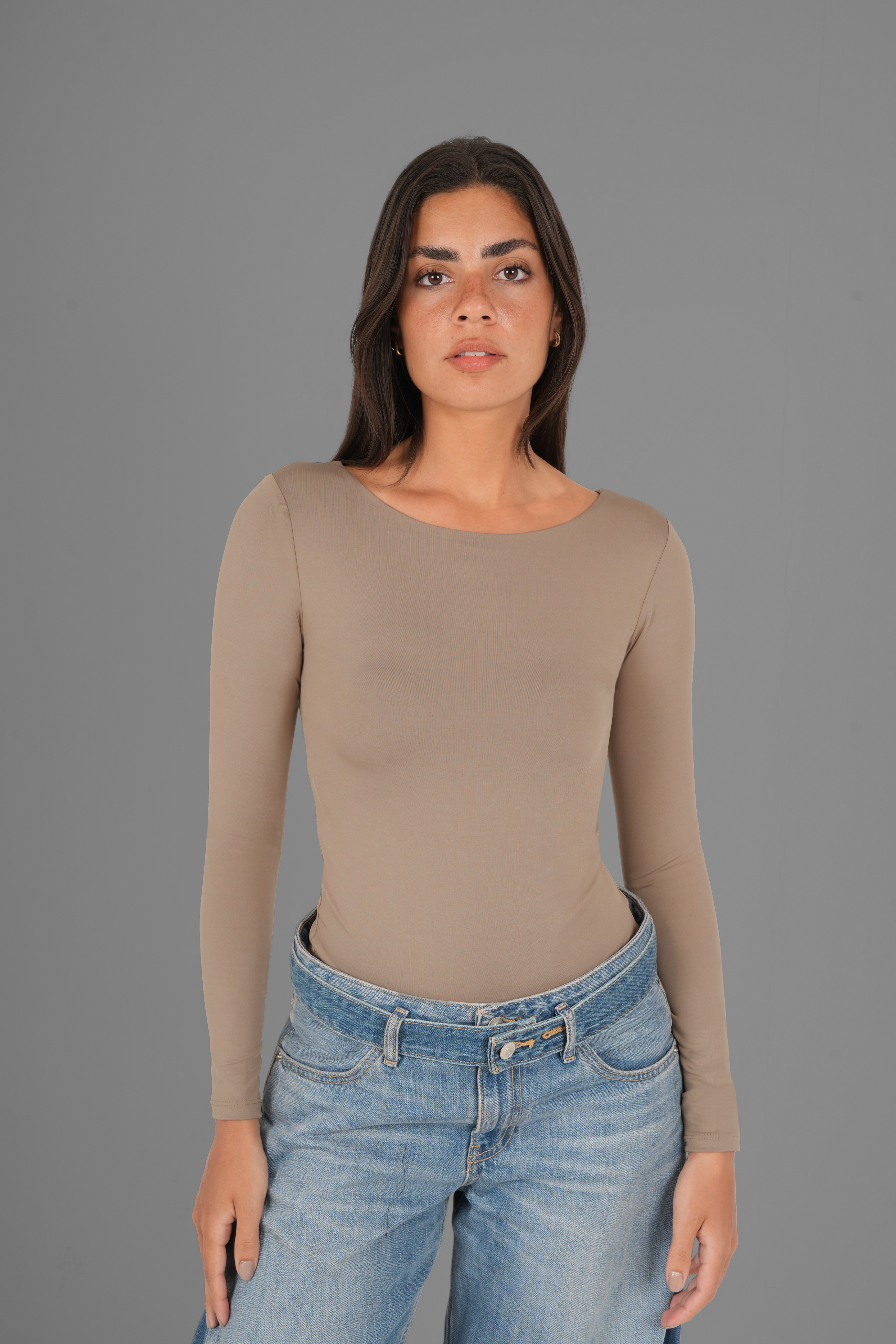 Wide Round-Neck Long Sleeve Top - Café