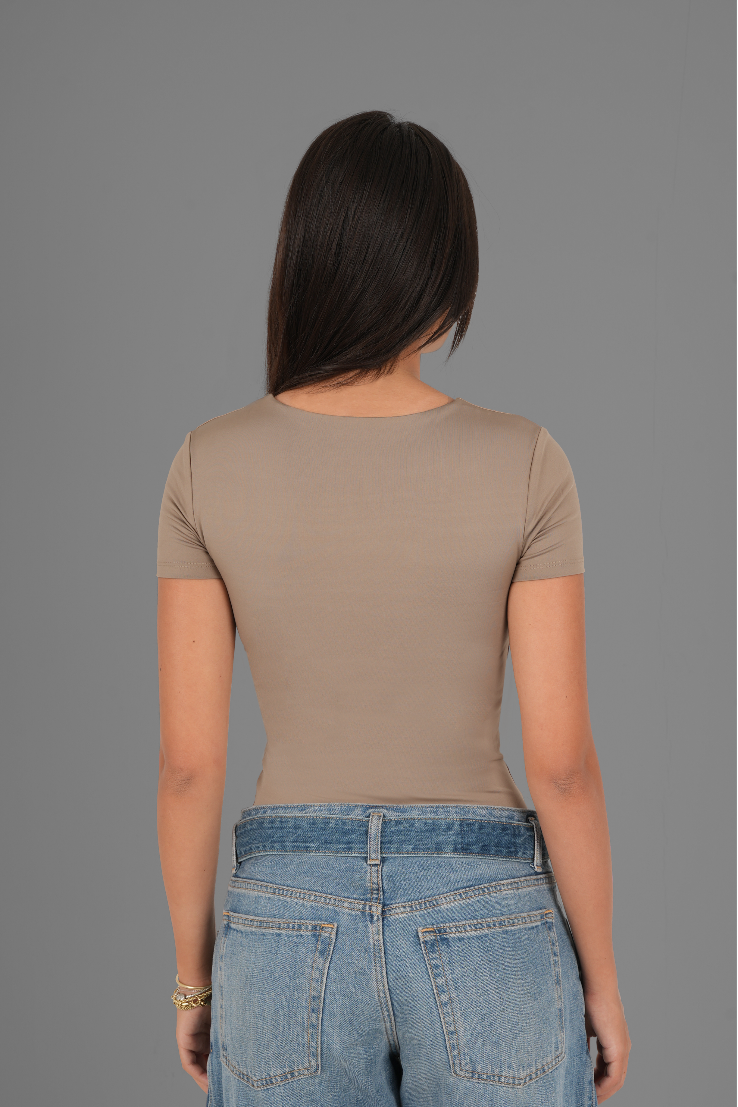 Square-Neck Short Sleeve Top - Cafe