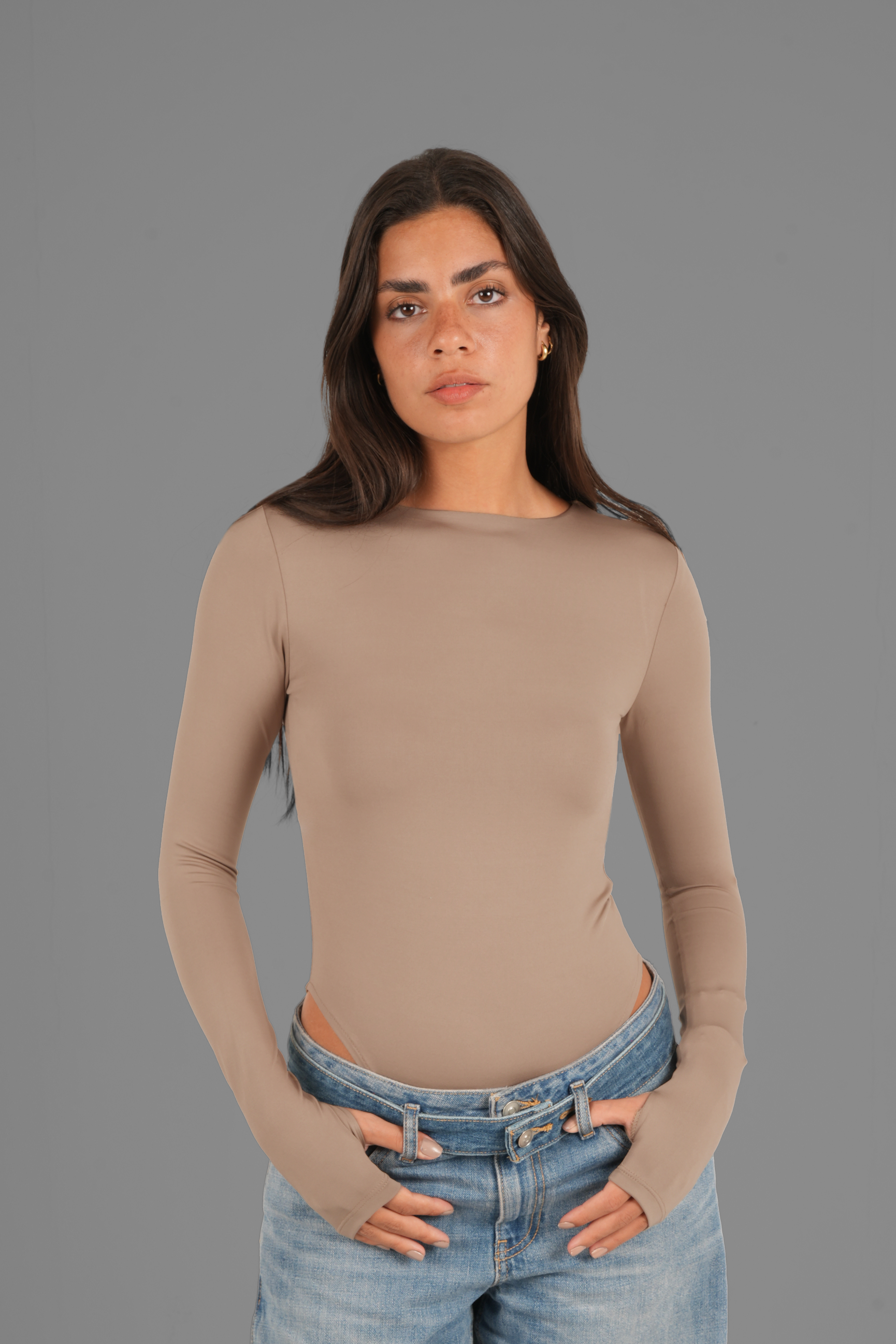 Long Sleeve Bodysuit with Thumbhole - Café