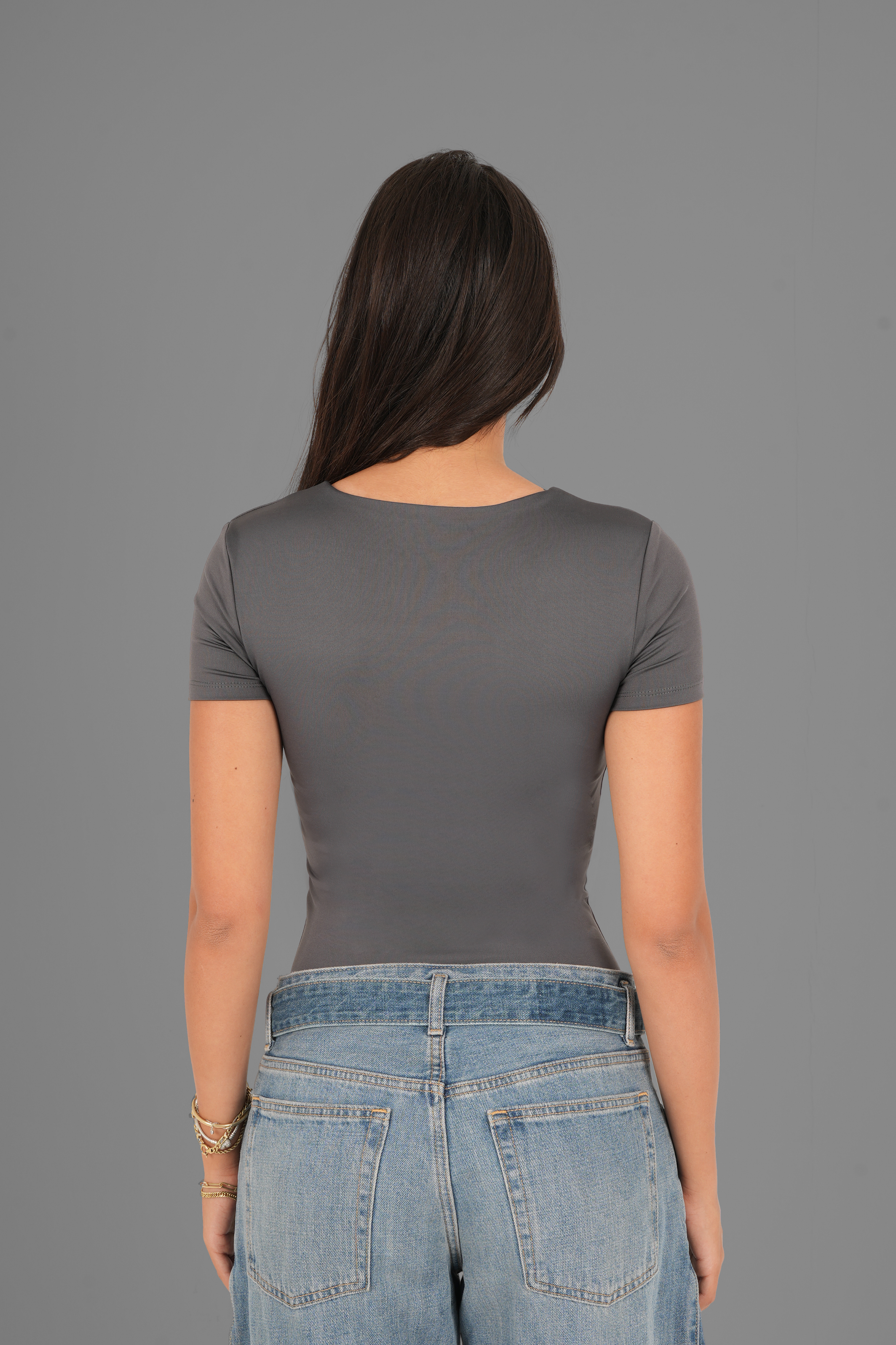 Square-Neck Short Sleeve Top - Charcoal
