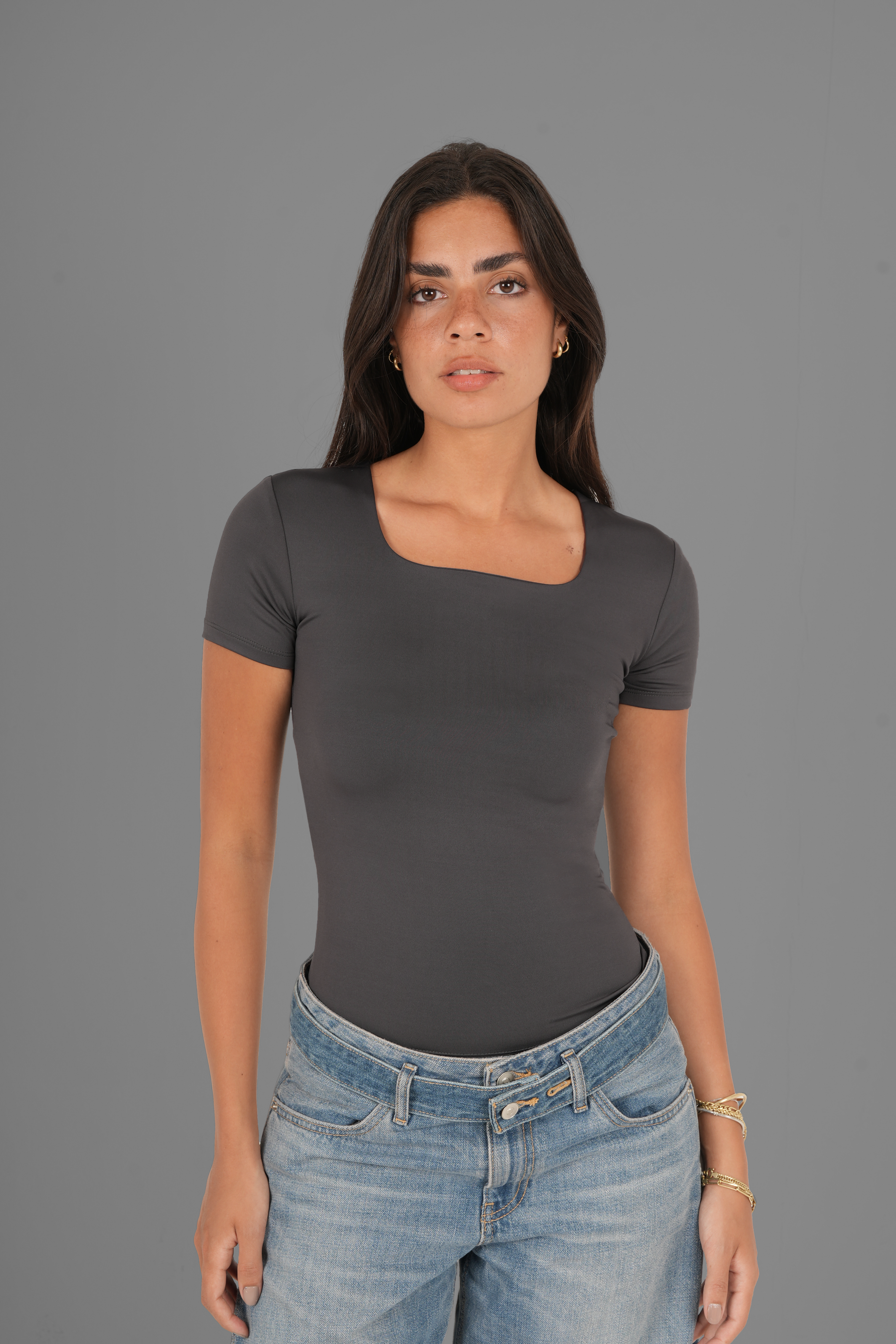 Square-Neck Short Sleeve Top - Charcoal