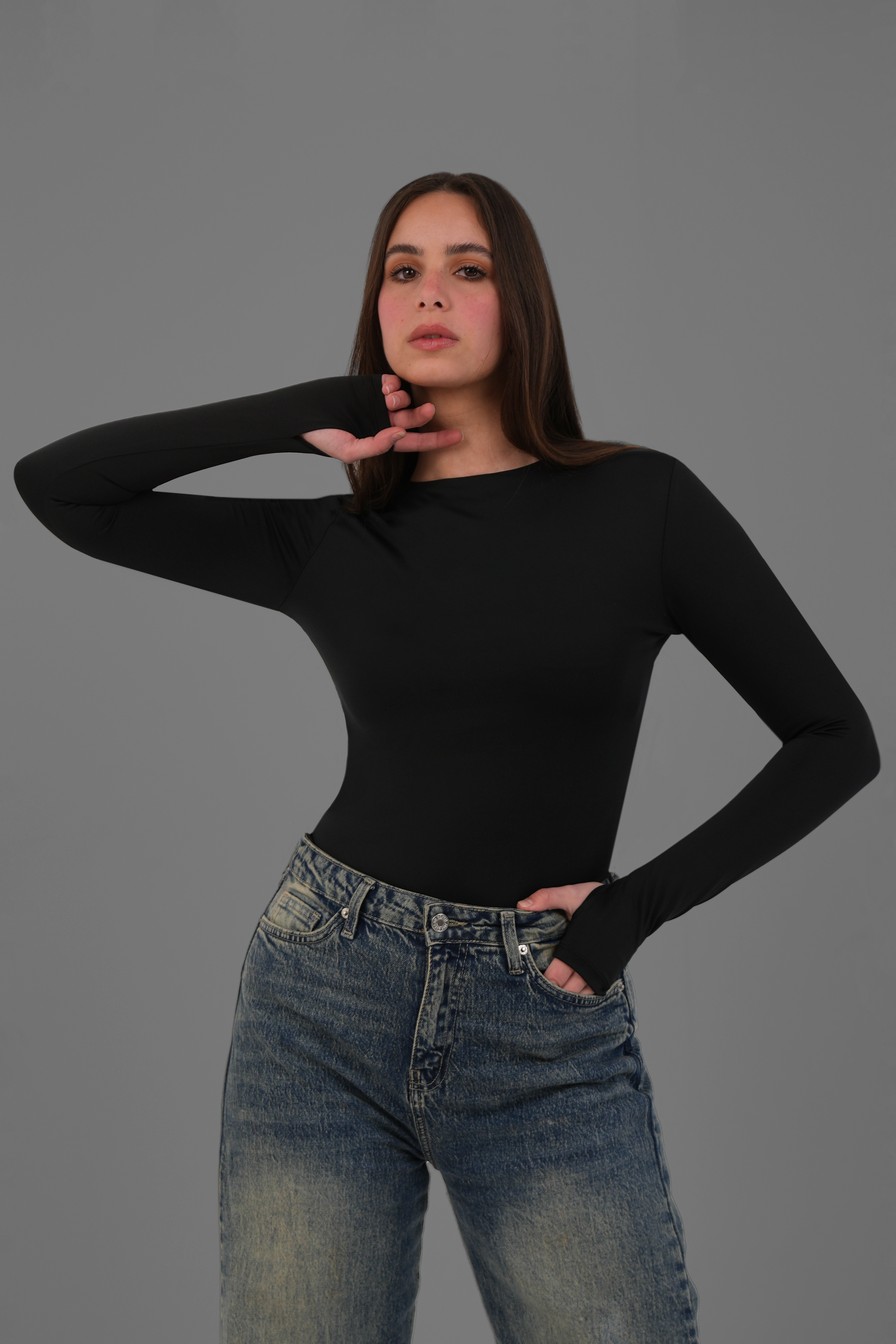 Women’s Black Crewneck Long Sleeve Top with Thumbhole – Lightweight Soft Stretch Basic, Made in Egypt