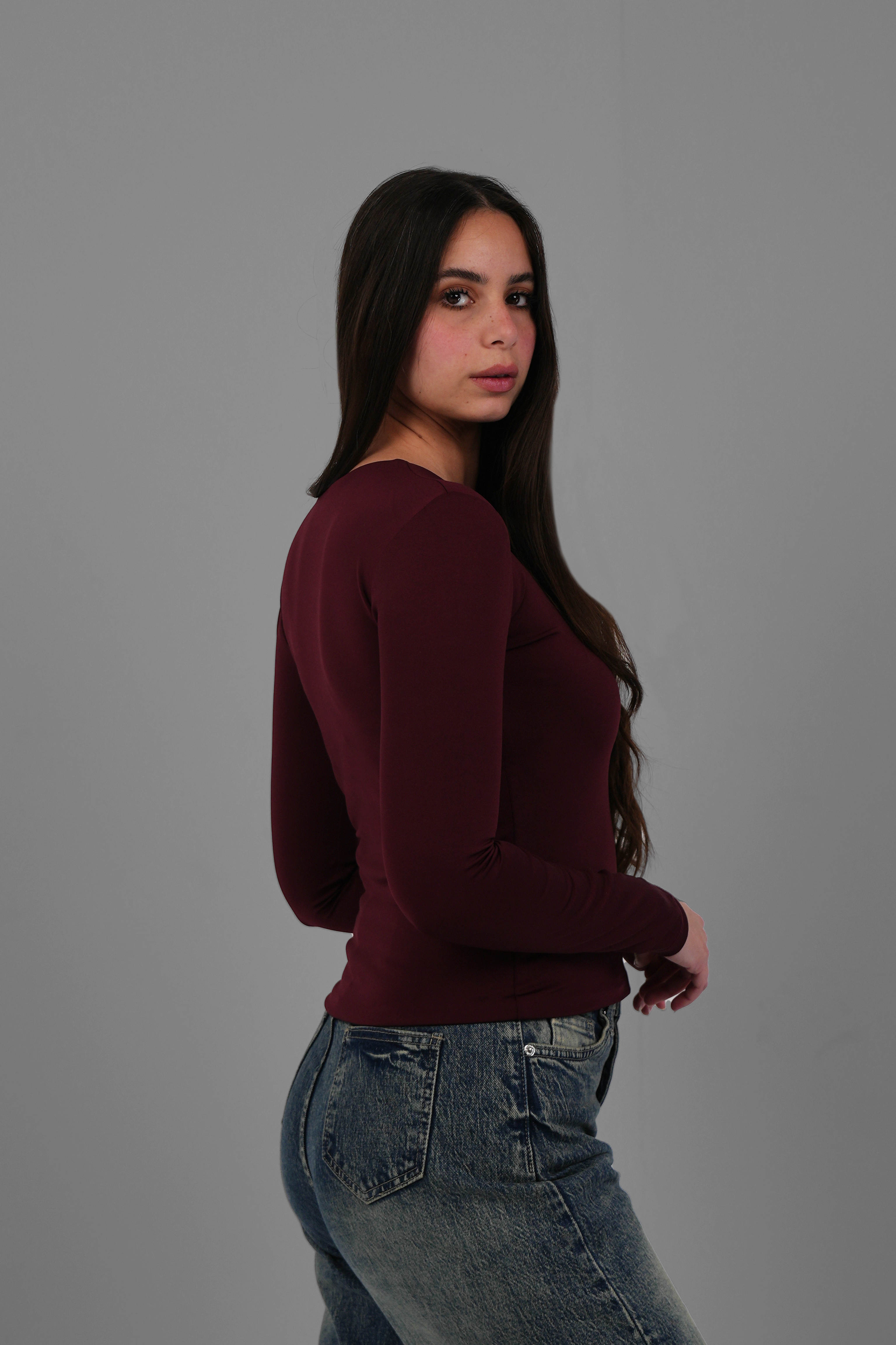 Women’s Burgundy Classic Full-Zip Long Sleeve Top – Lightweight Soft Stretch Basic, Made in Egypt