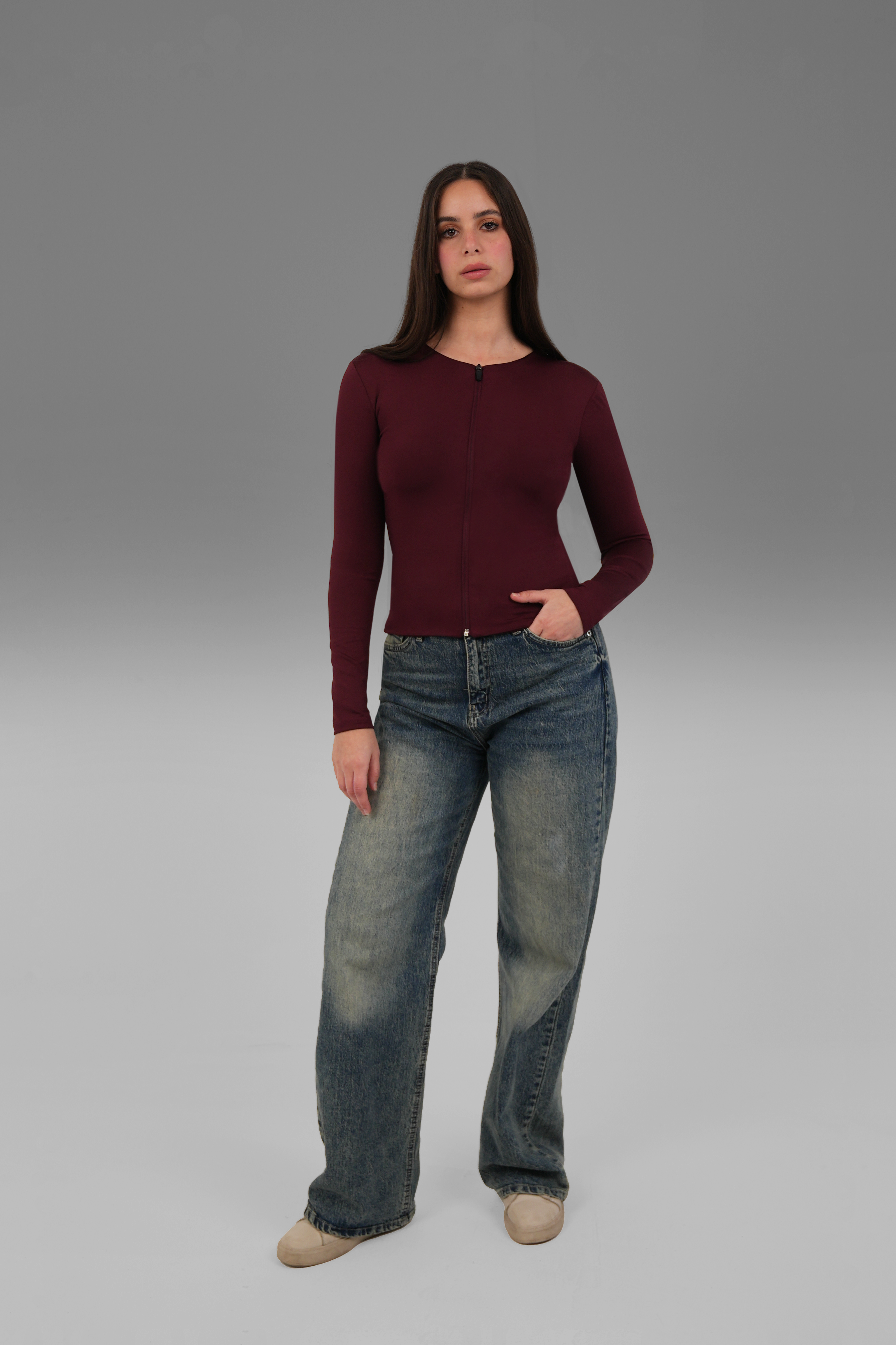 Women’s Burgundy Classic Full-Zip Long Sleeve Top – Lightweight Soft Stretch Basic, Made in Egypt