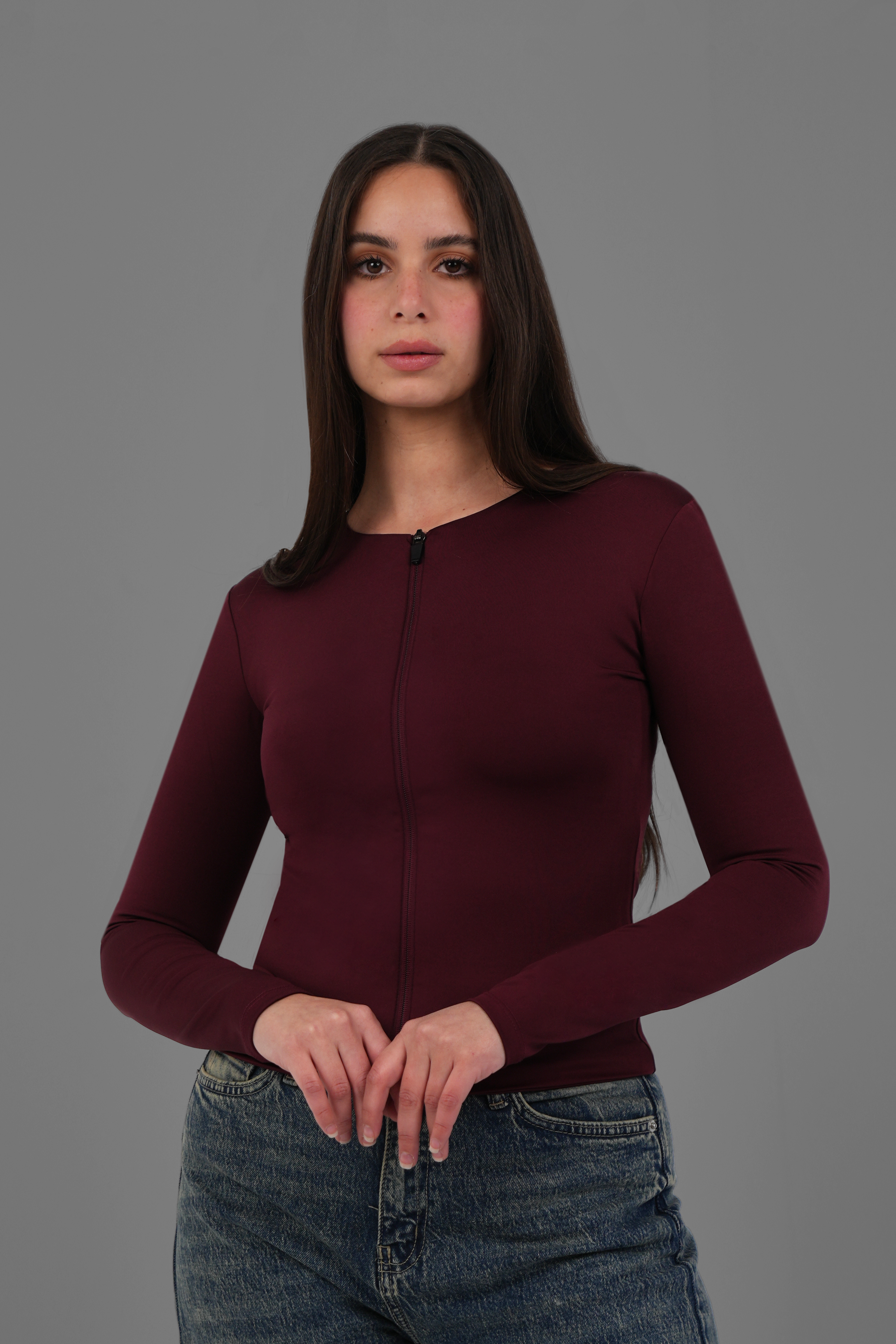 Women’s Burgundy Classic Full-Zip Long Sleeve Top – Lightweight Soft Stretch Basic, Made in Egypt