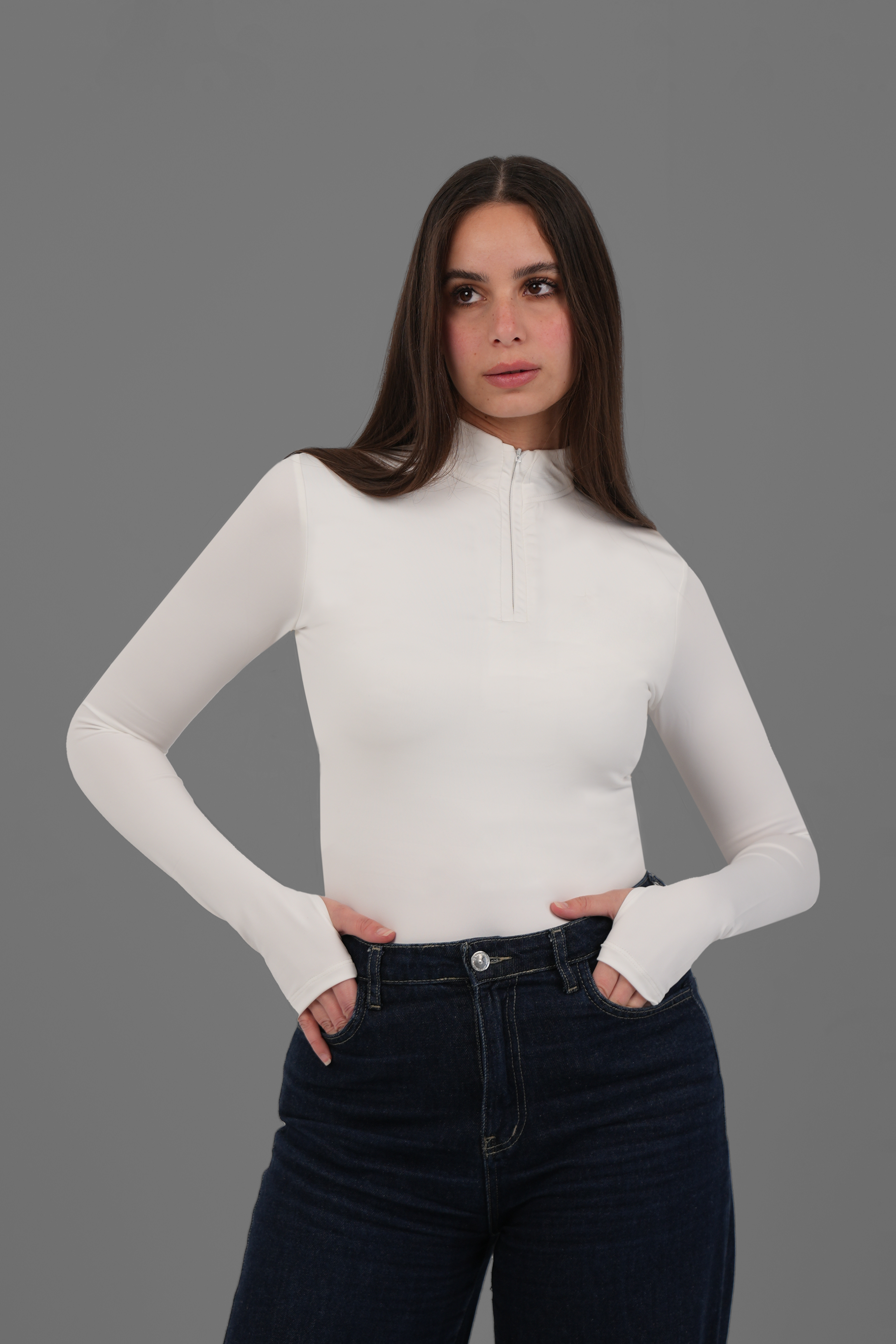 Half-Zip High-Neck Long Sleeve Top with Thumbholes - Off-White
