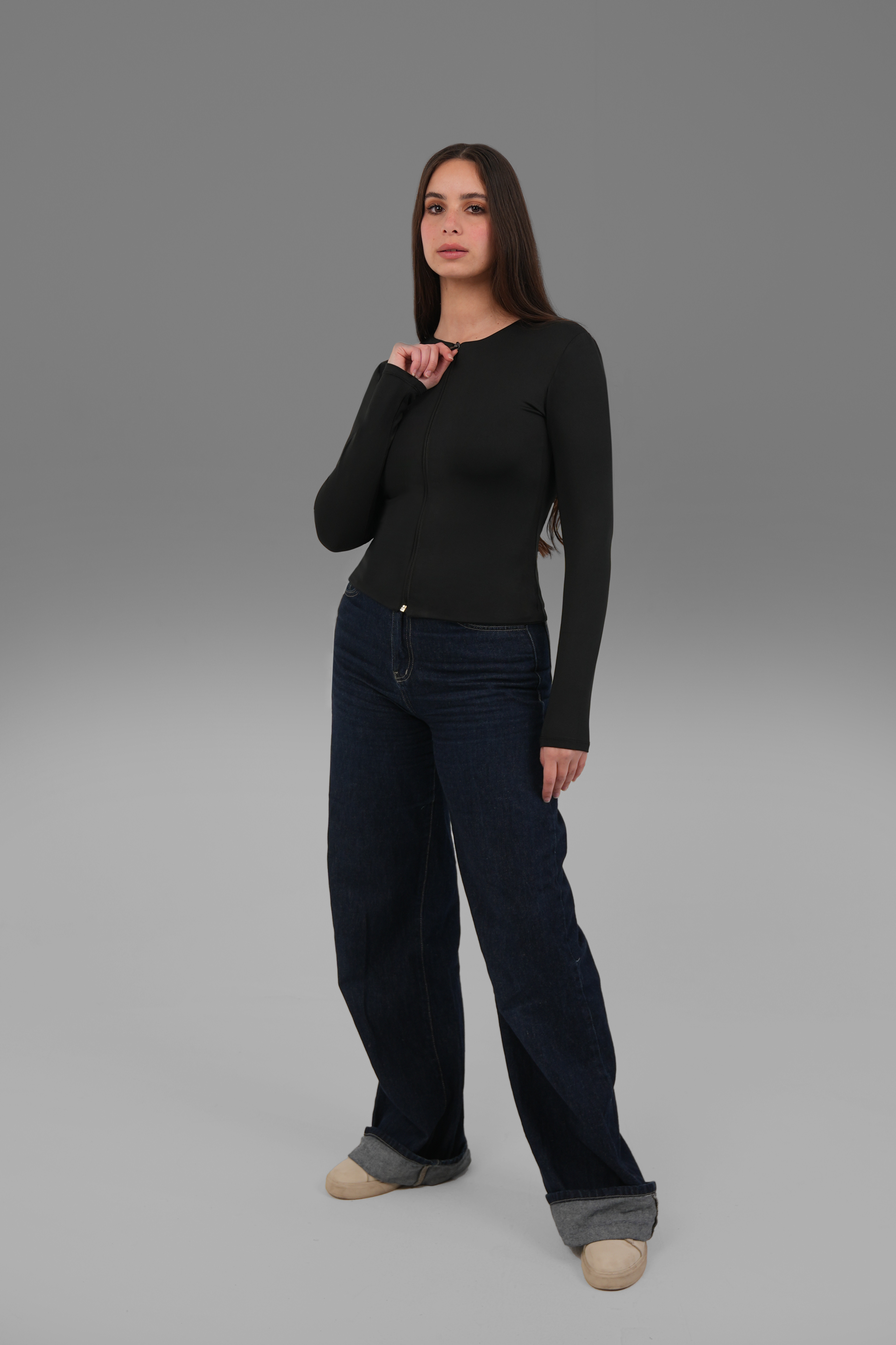 Women’s Black Classic Full-Zip Long Sleeve Top – Lightweight Soft Stretch Basic, Made in Egypt