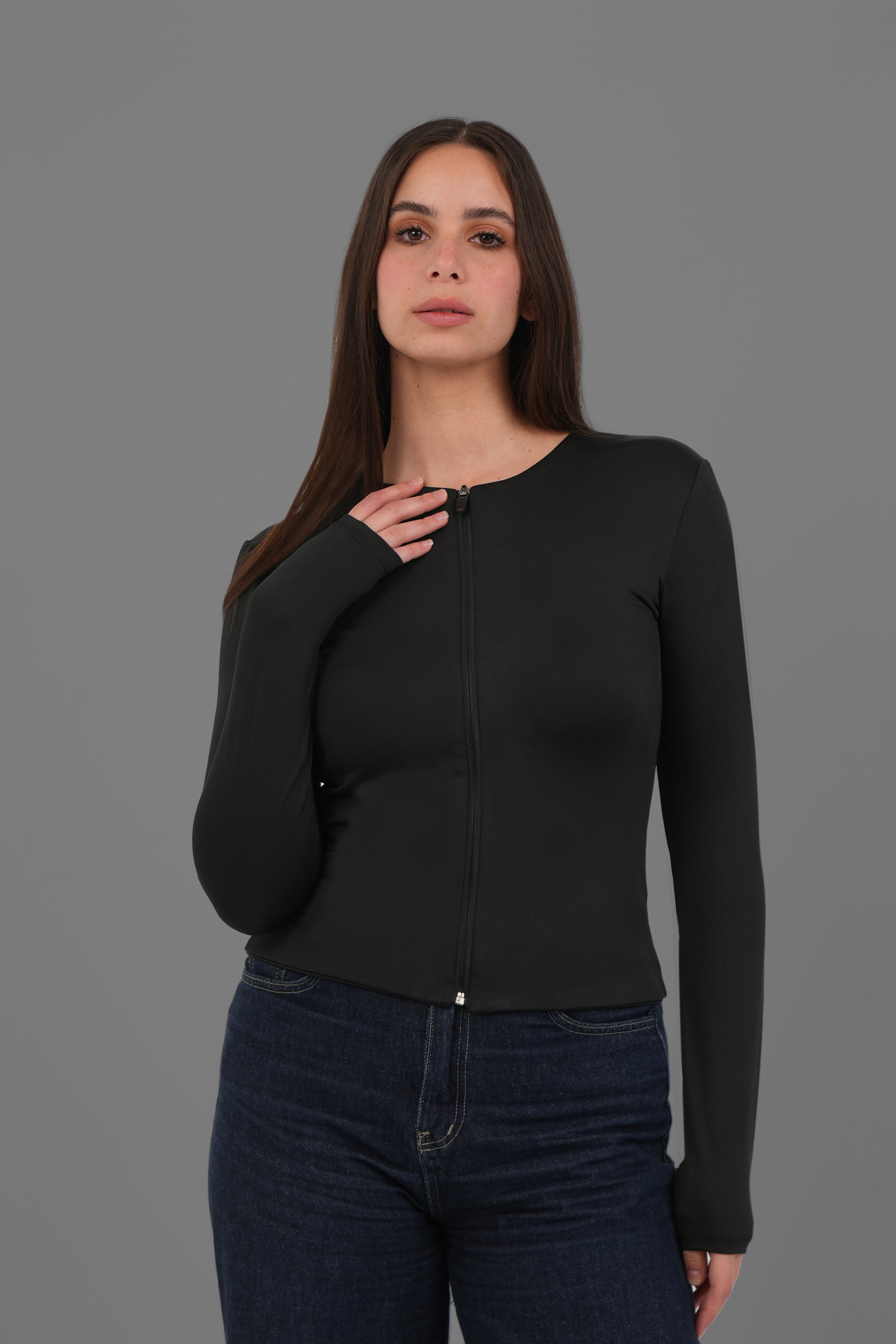 Women’s Black Classic Full-Zip Long Sleeve Top – Lightweight Soft Stretch Basic, Made in Egypt