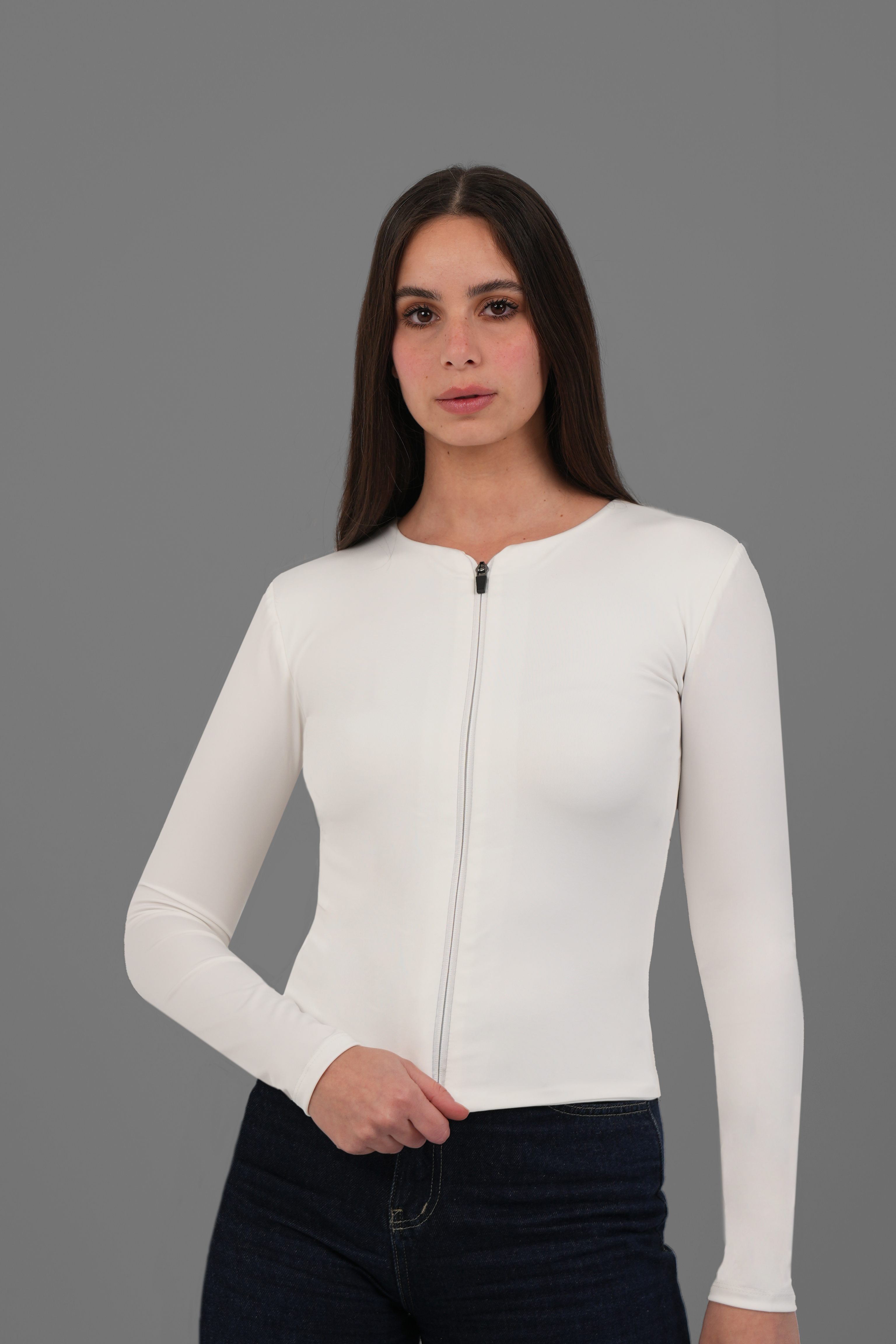 Women’s Off-White Classic Full-Zip Long Sleeve Top – Lightweight Soft Stretch Basic, Made in Egypt