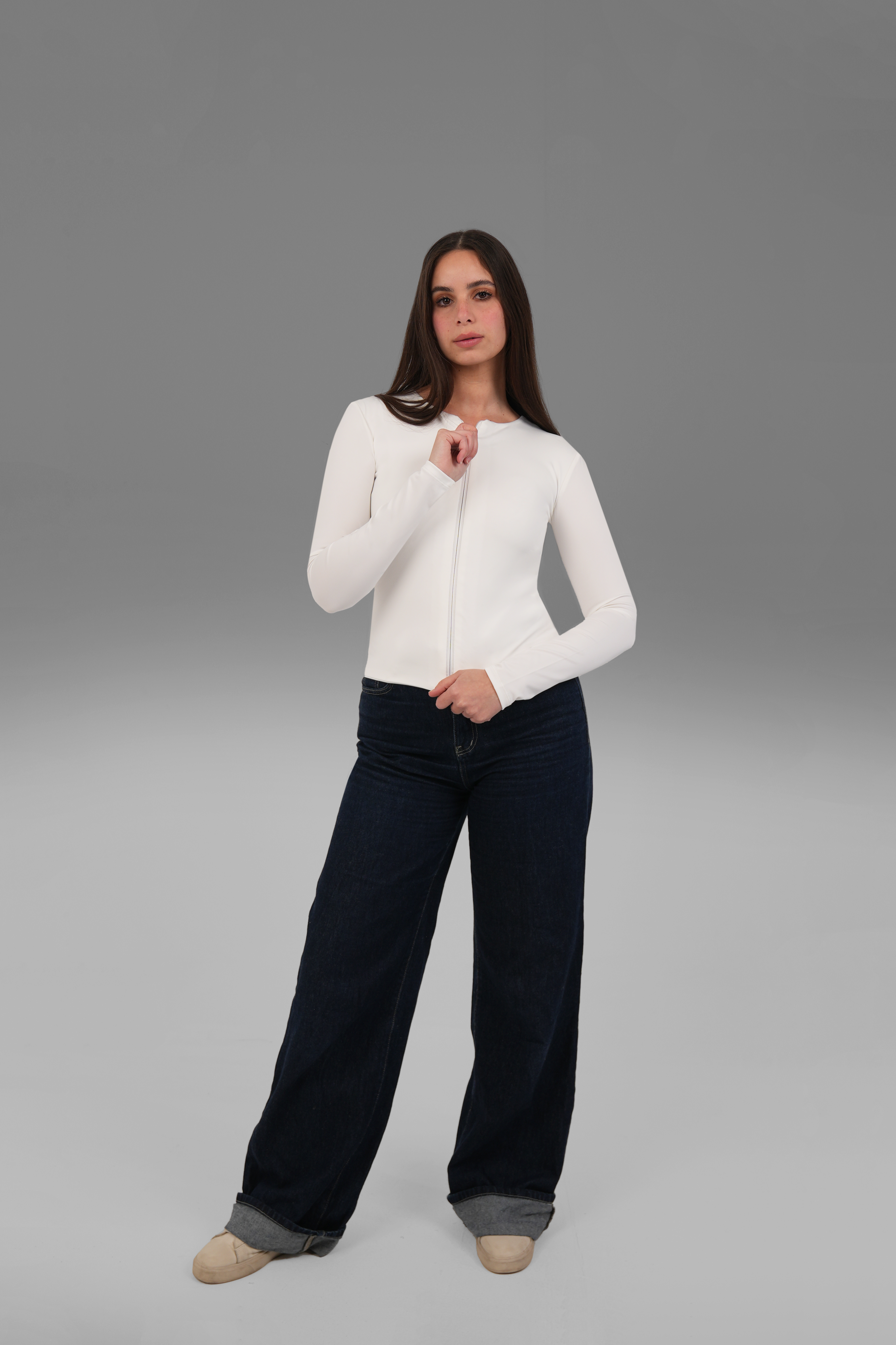 Women’s Off-White Classic Full-Zip Long Sleeve Top – Lightweight Soft Stretch Basic, Made in Egypt