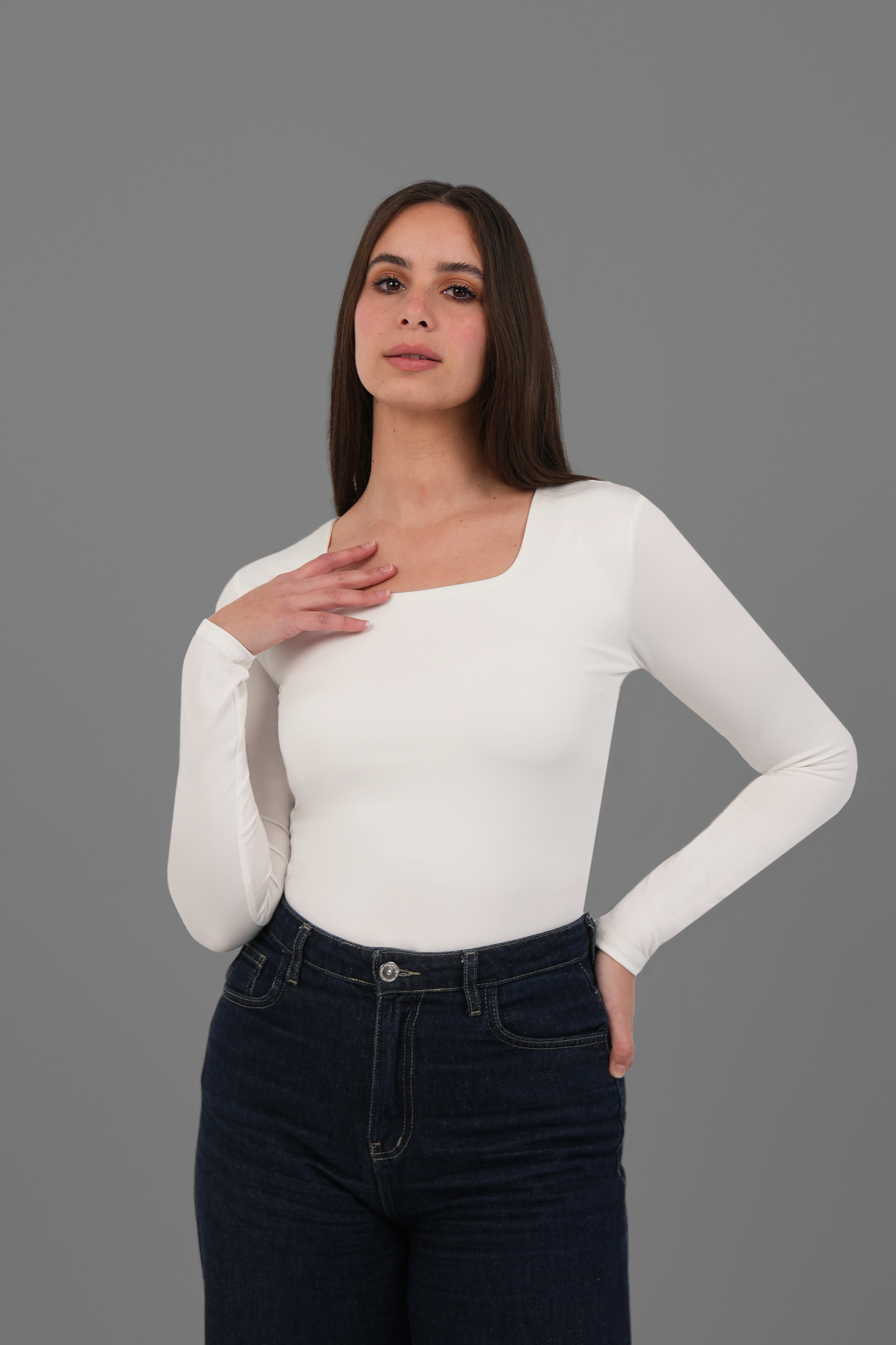 Women’s Off-White Square-Neck Long Sleeve Top – Lightweight Soft Stretch Basic, Made in Egypt