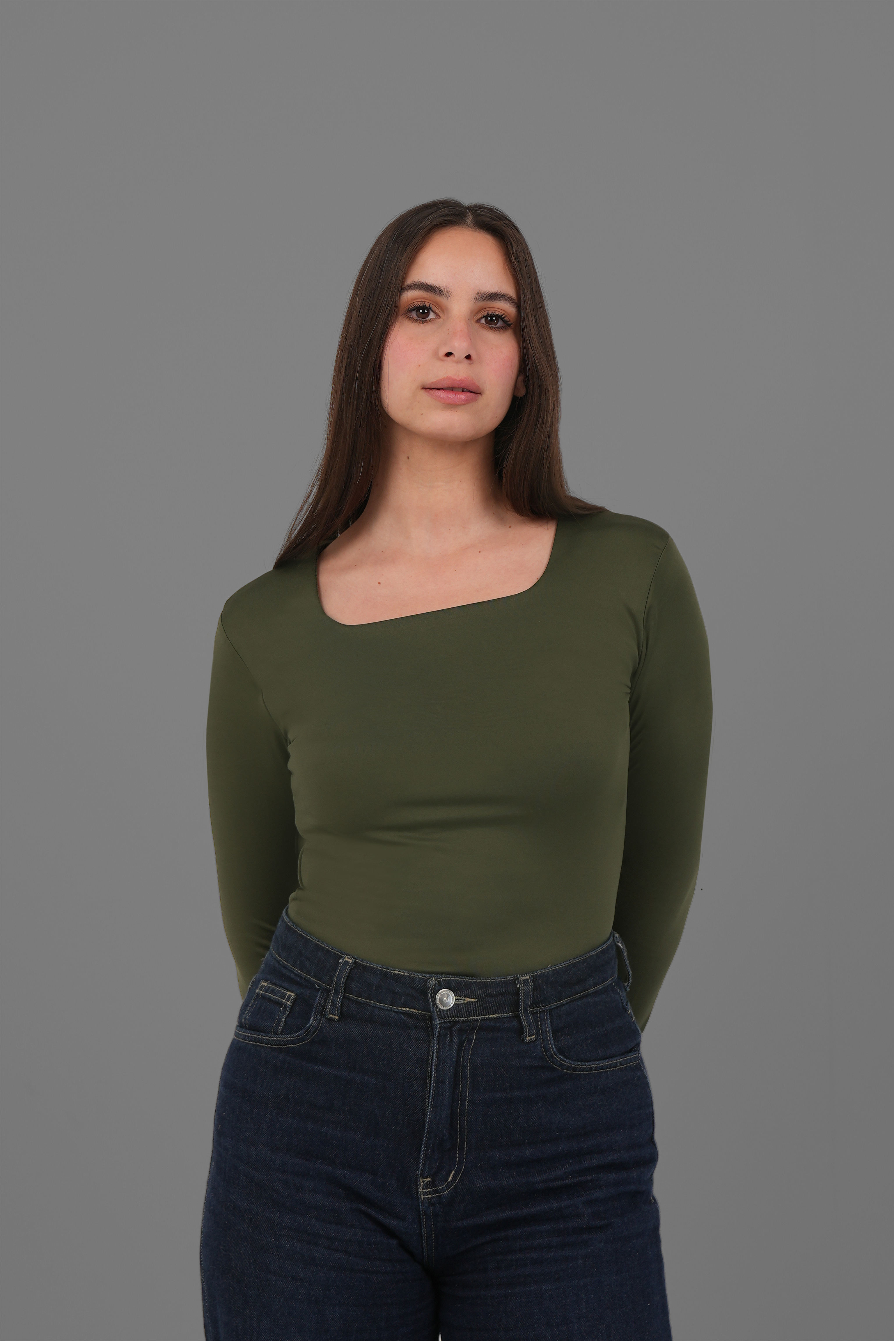 Women’s Olive Square-Neck Long Sleeve Top – Lightweight Soft Stretch Basic, Made in Egypt