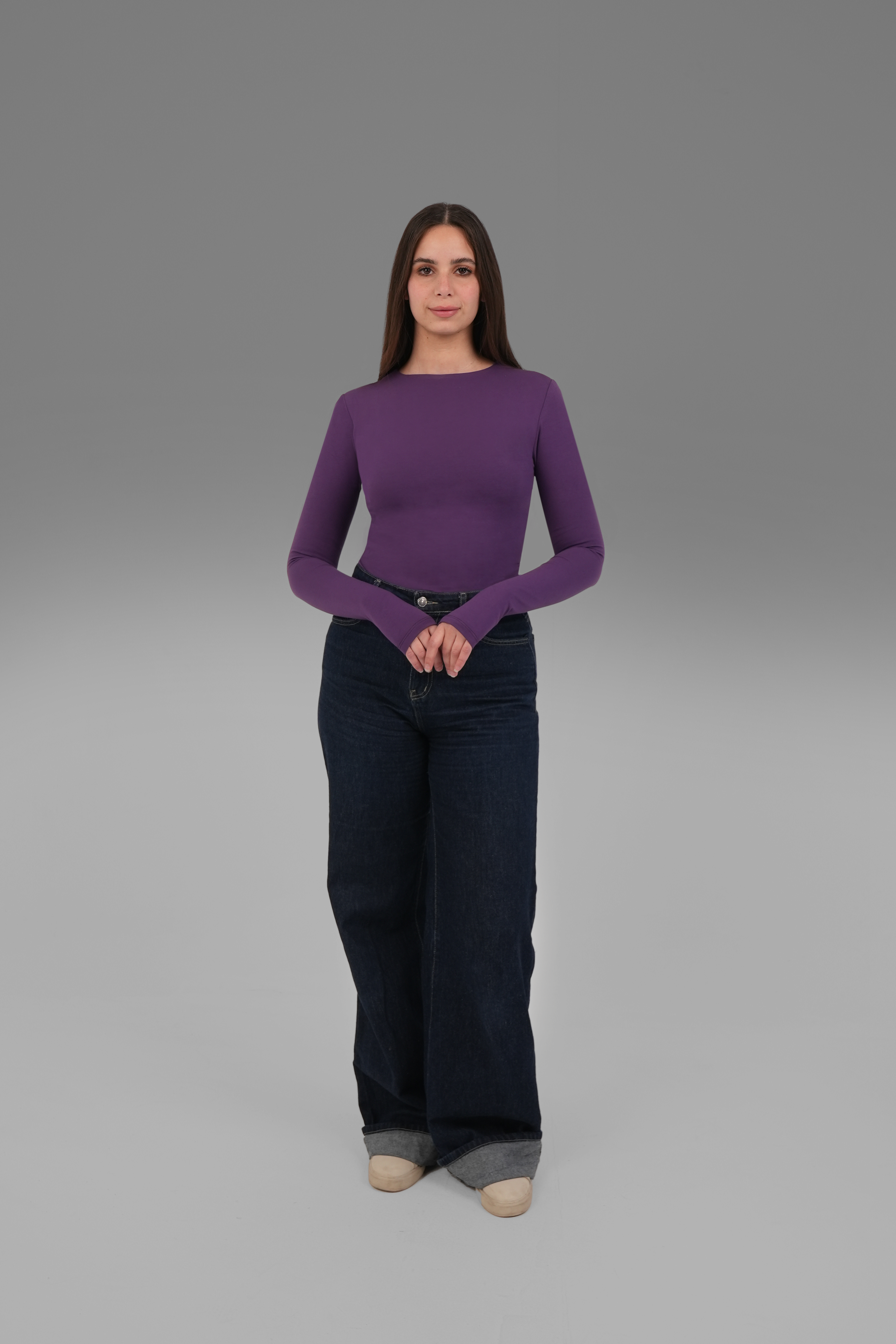 Women’s Purple Cotton Long Sleeve Top with Thumbhole – Lightweight Soft Stretch Basic, Made in Egypt