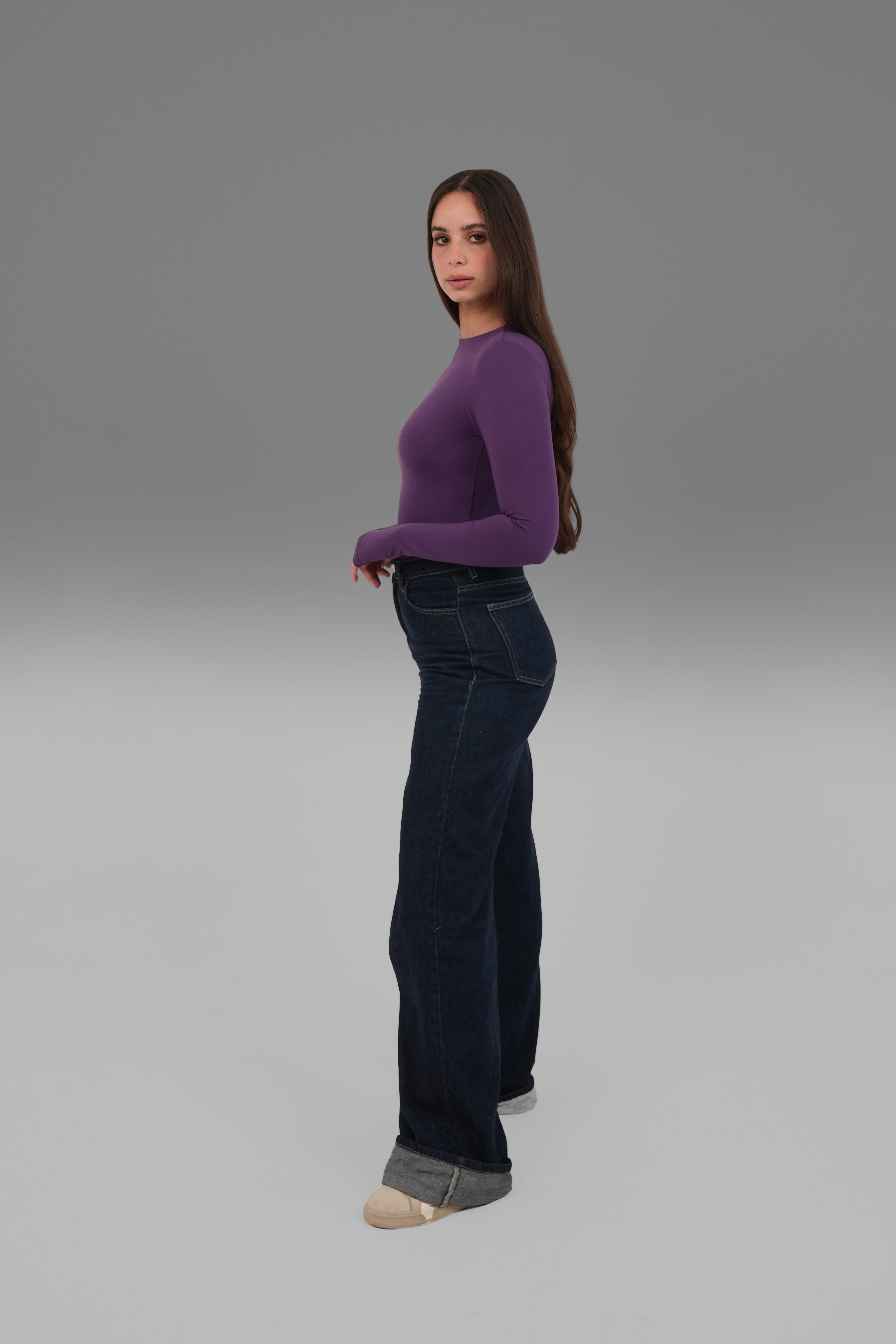 Women’s Purple Cotton Long Sleeve Top with Thumbhole – Lightweight Soft Stretch Basic, Made in Egypt