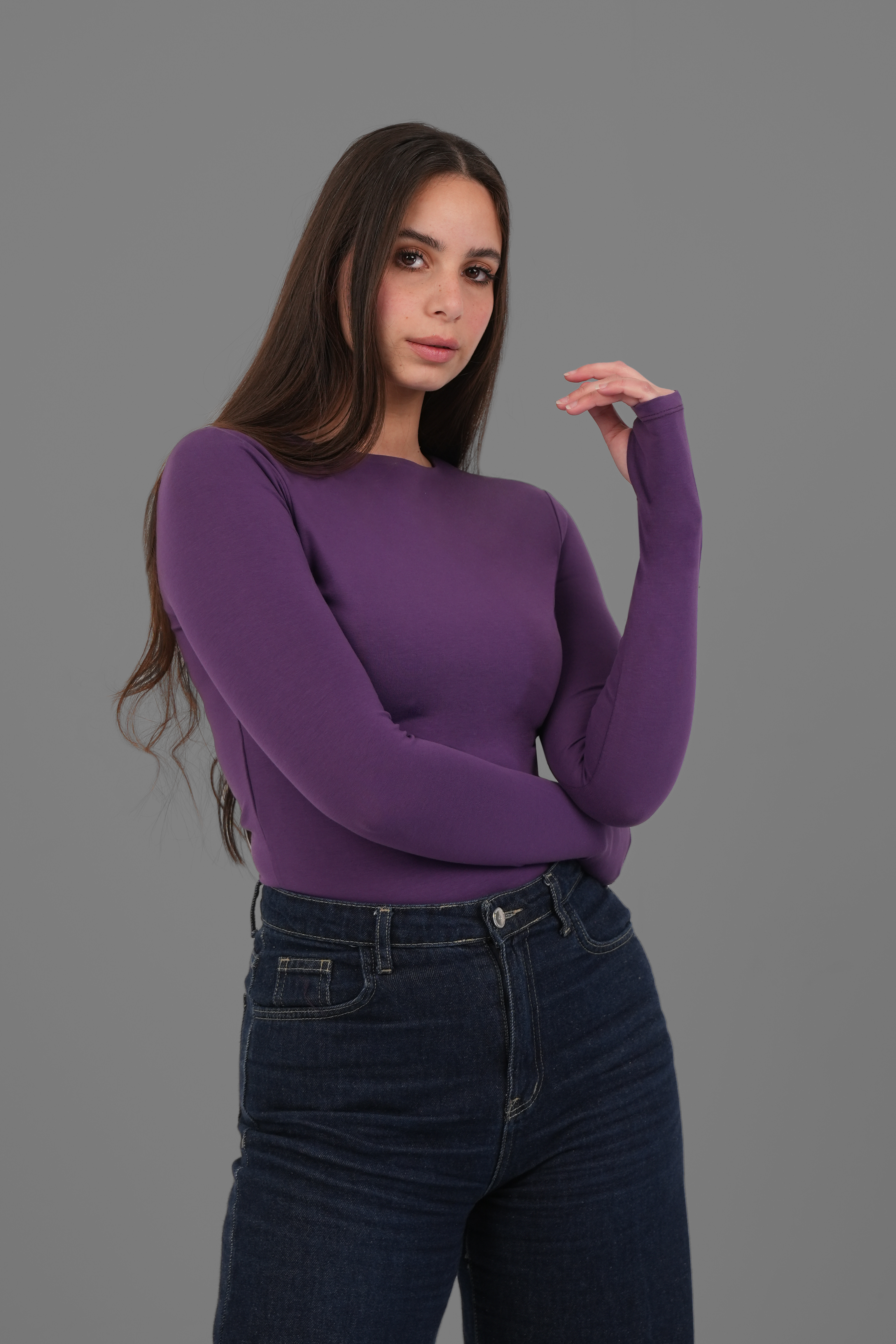 Women’s Purple Cotton Long Sleeve Top with Thumbhole – Lightweight Soft Stretch Basic, Made in Egypt