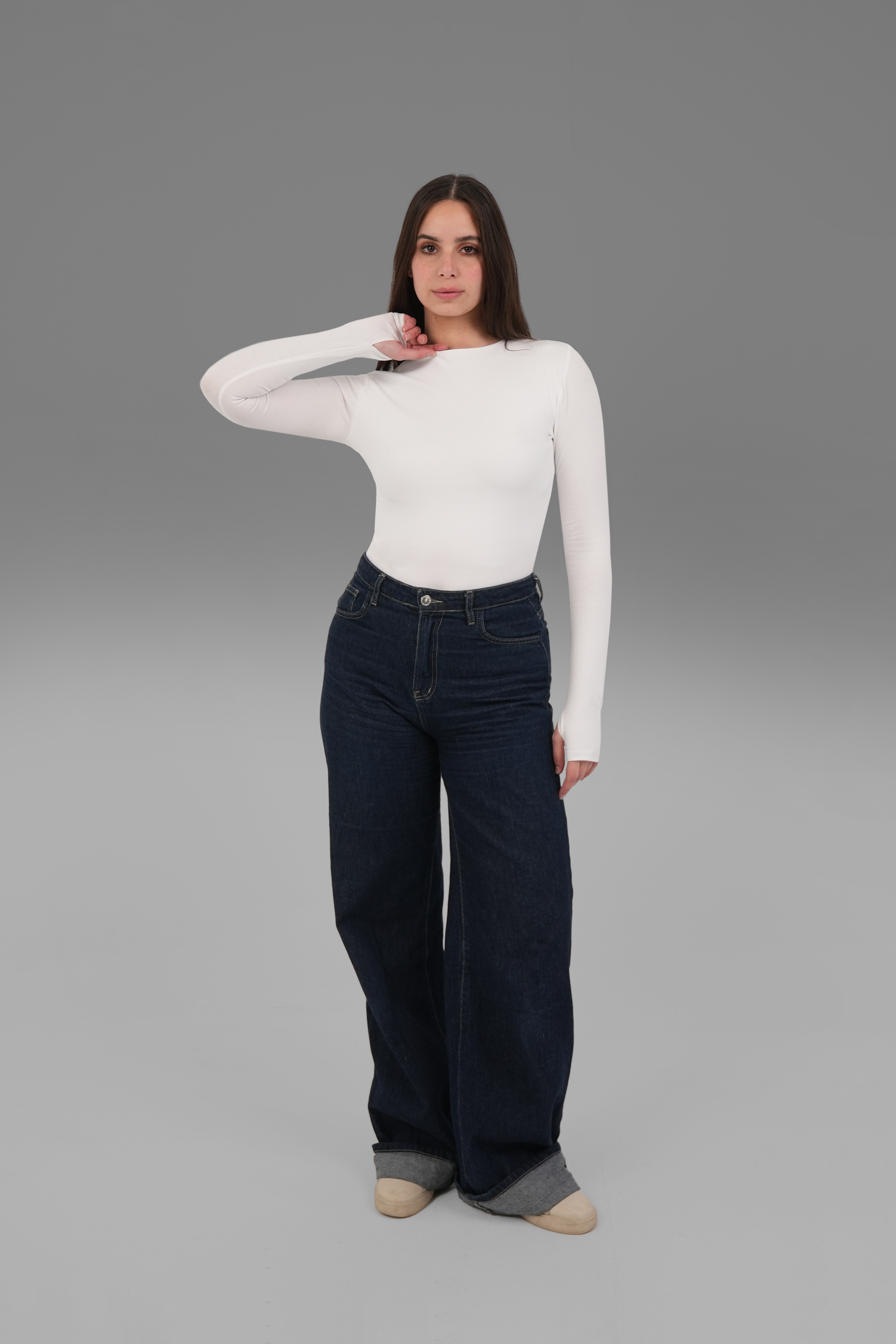 Cotton Long Sleeve Top with Thumbhole - Off-White