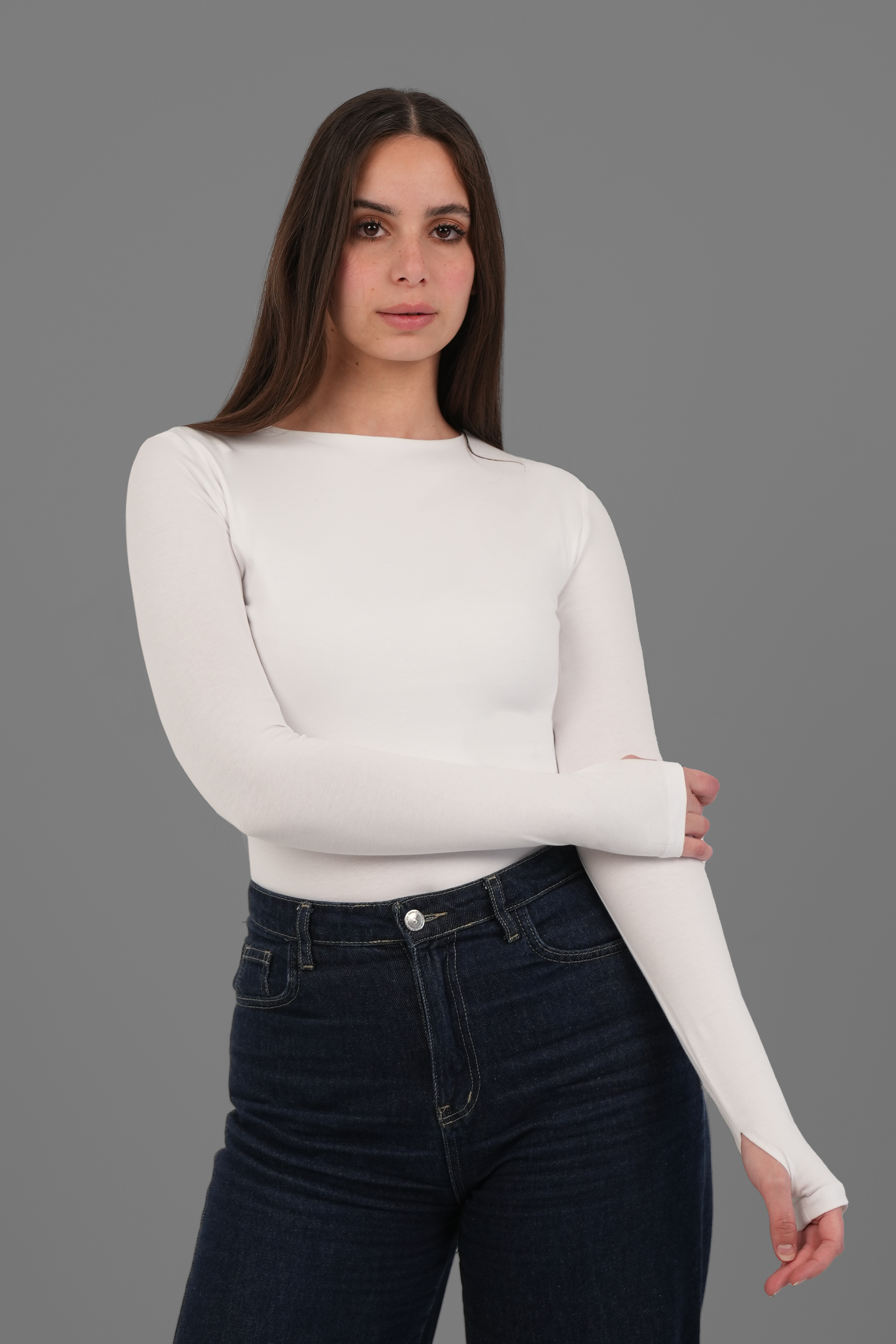 Cotton Long Sleeve Top with Thumbhole - Off-White
