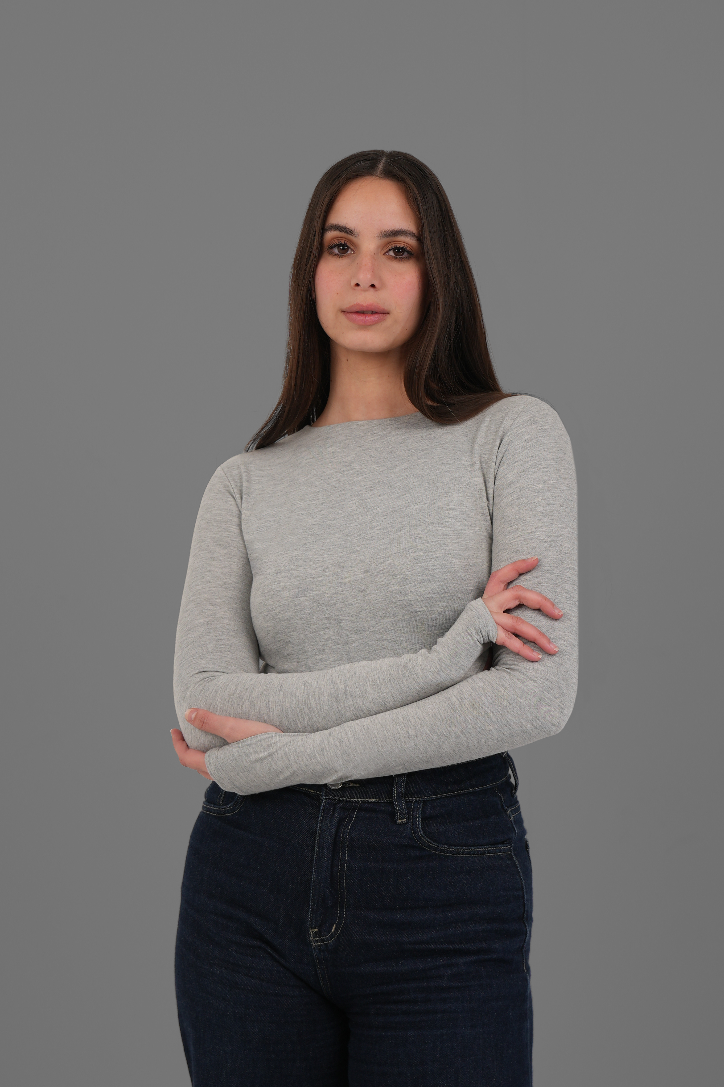 Women’s Grey Cotton Long Sleeve Top with Thumbhole – Lightweight Soft Stretch Basic, Made in Egypt